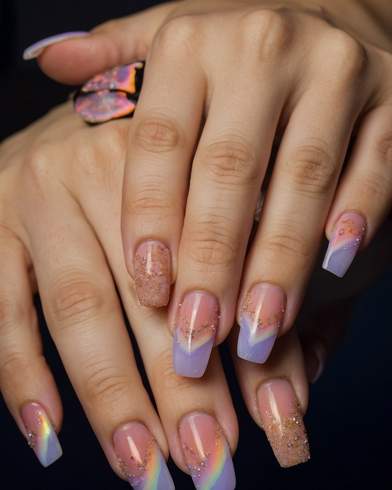 Pastel Gradient Almond Nails with Glitter Accent