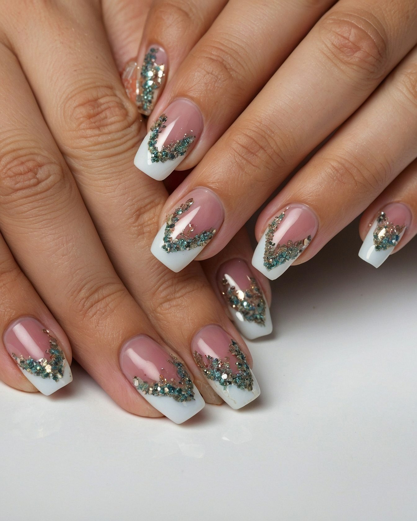 French Tips with Teal and Gold Glitter Accents