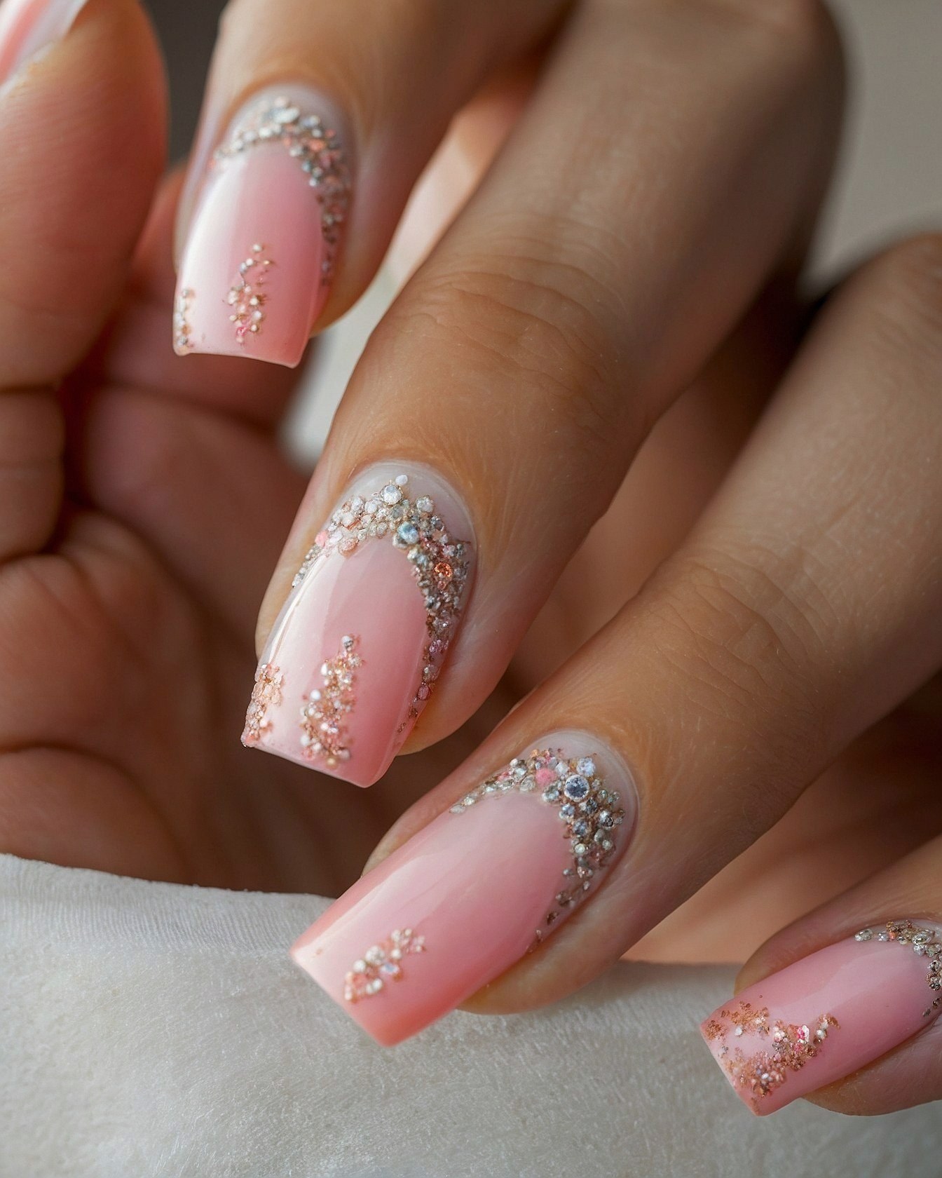 A Close Look at Rose-Tinted Nails with Glitter Accents