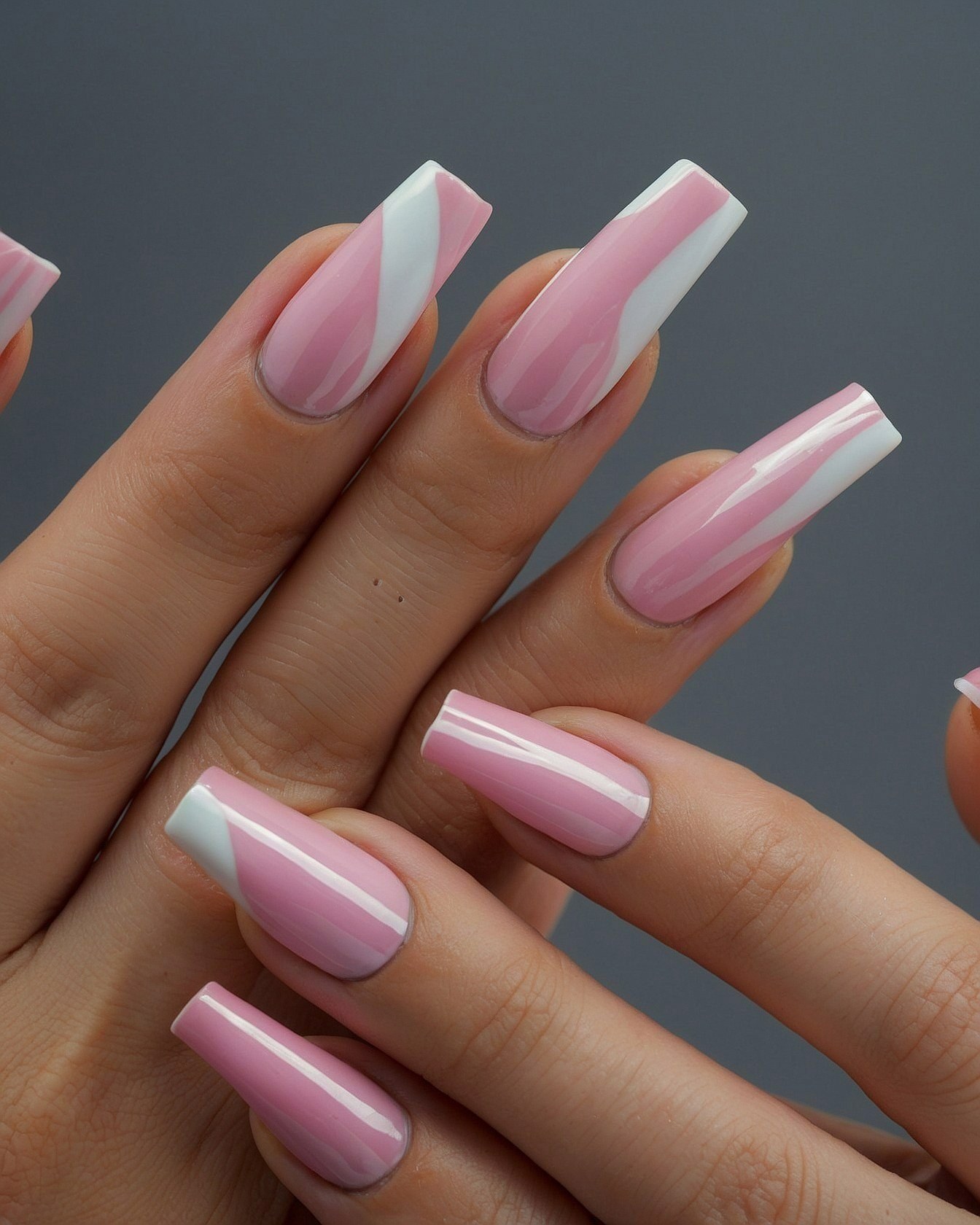 Swirling Pink and White Coffin Nails