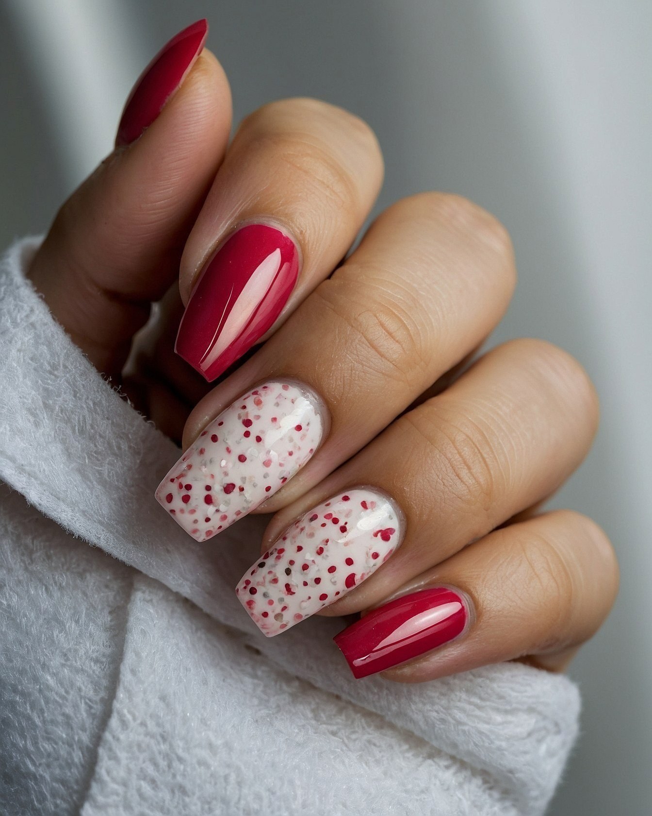 Close Up on Textured Red and Cream Nails