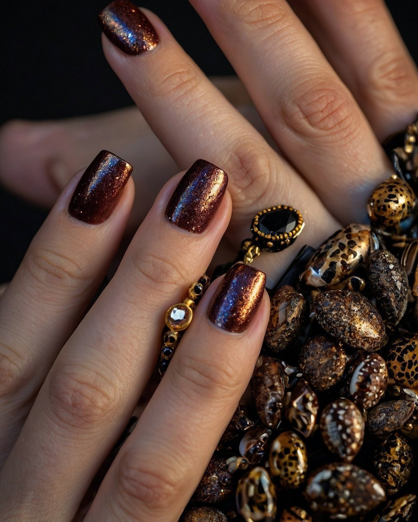 Close-up of Sparkly Auburn Nails Against Textured Beading