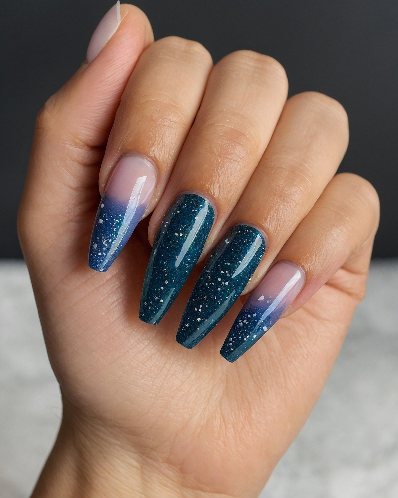 Close-up of Coffin Nails with Deep Teal and Lavender Gradient