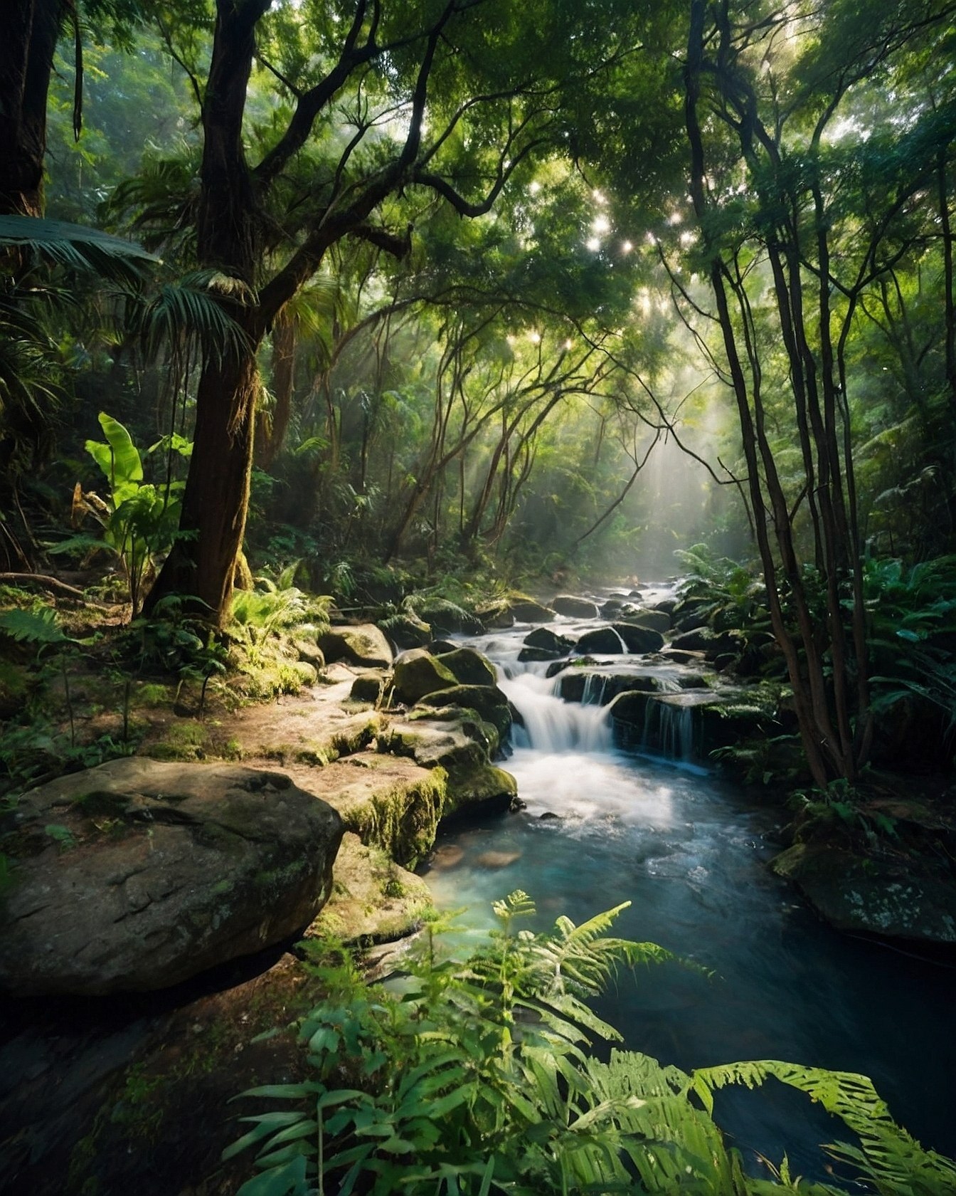 Sun-dappled forest floor and winding stream