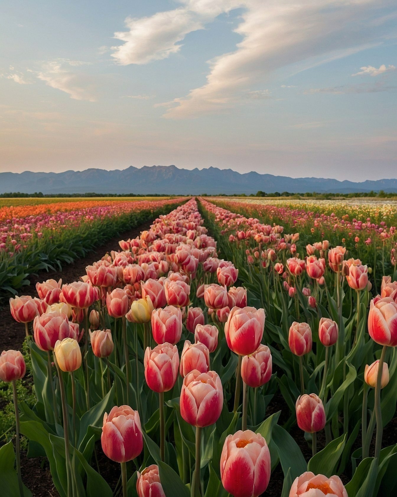 Tulip Rows Bathed in Warm Late Afternoon Light