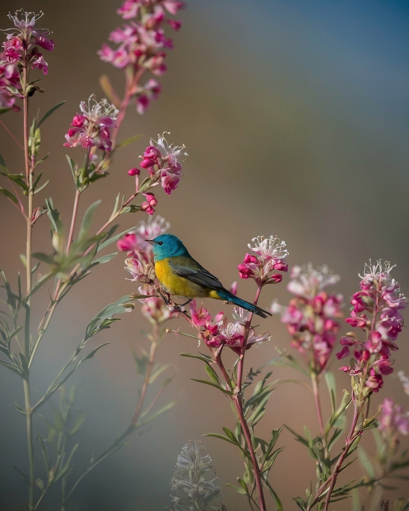 Bird Perched Among Delicate Pink and White Blossoms