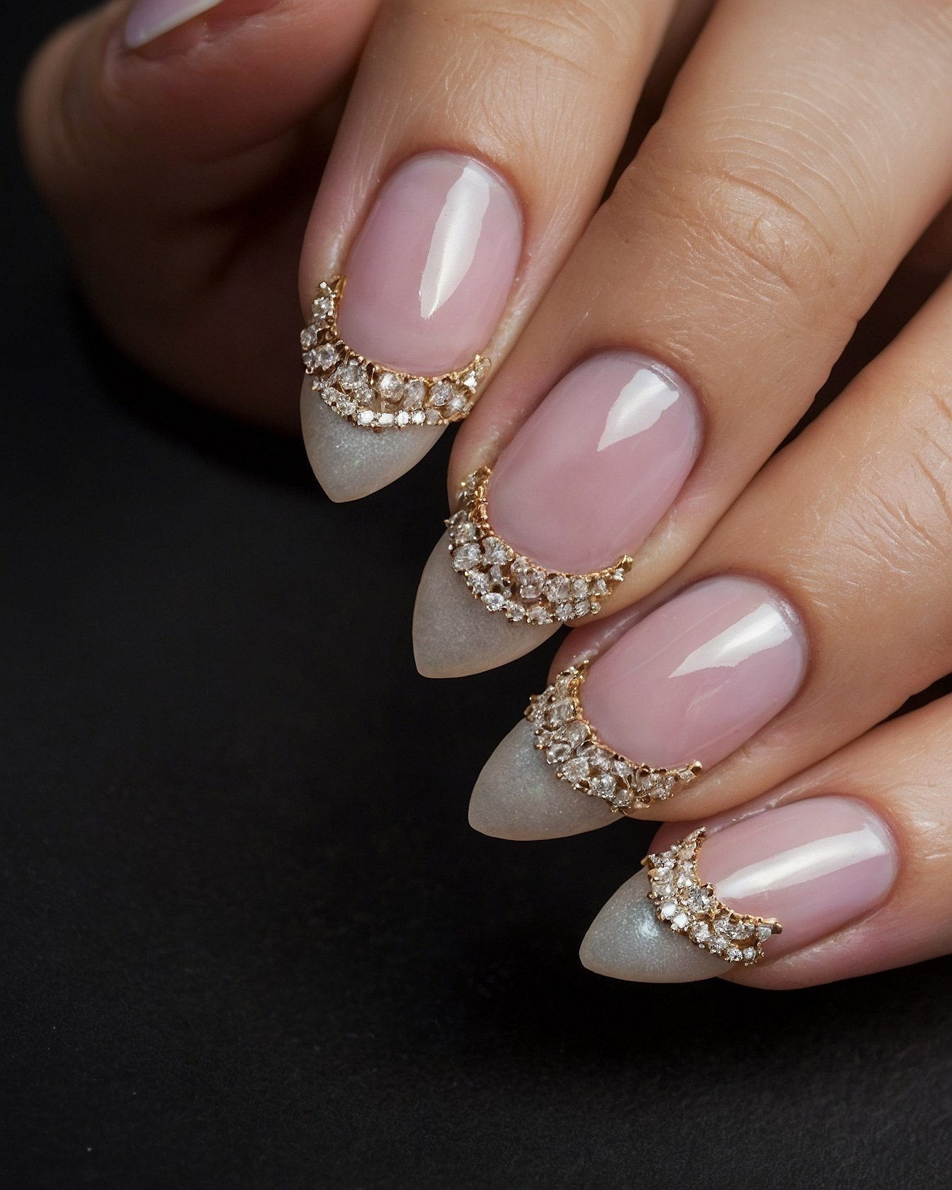 French tips with delicate gilded moon embellishments