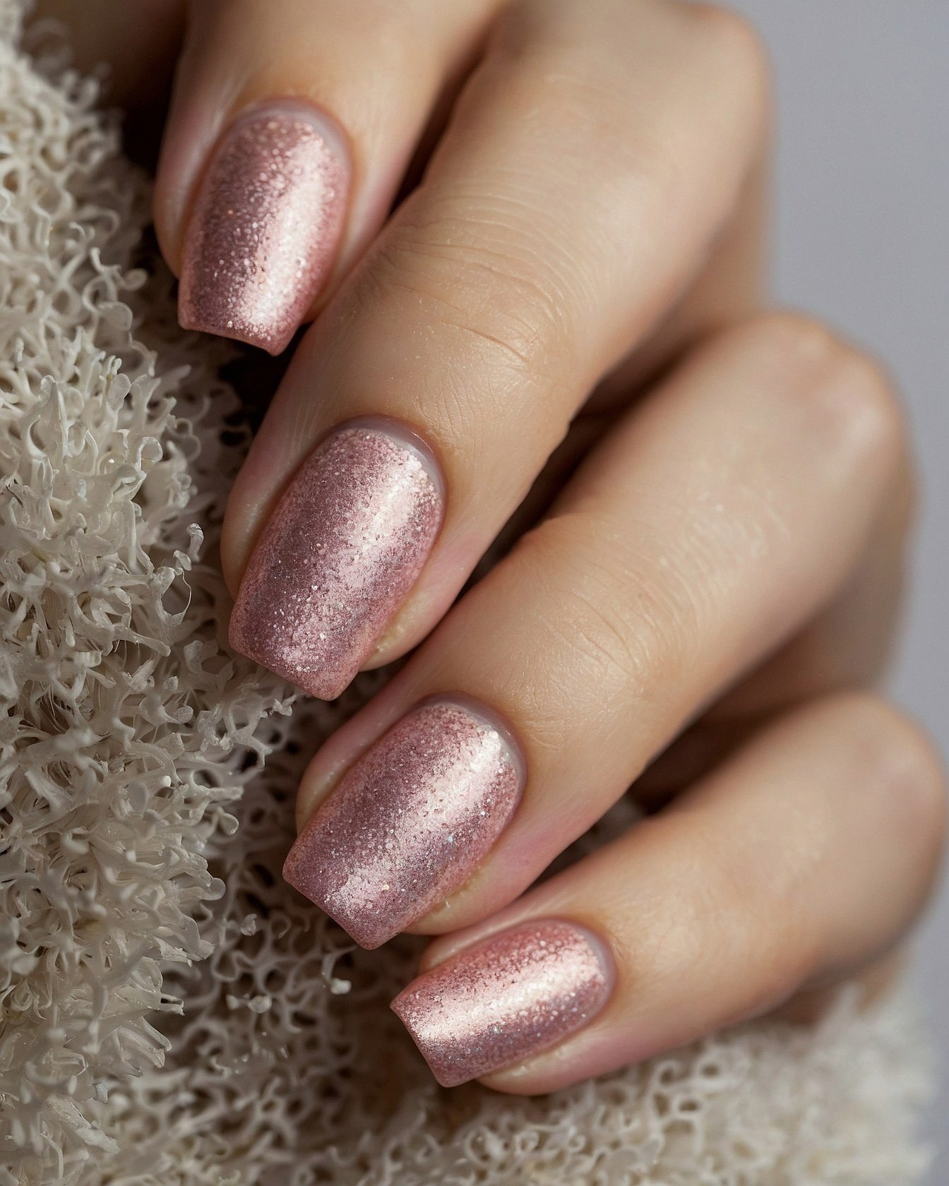 Close-up of Rose Gold Glitter Manicured Nails