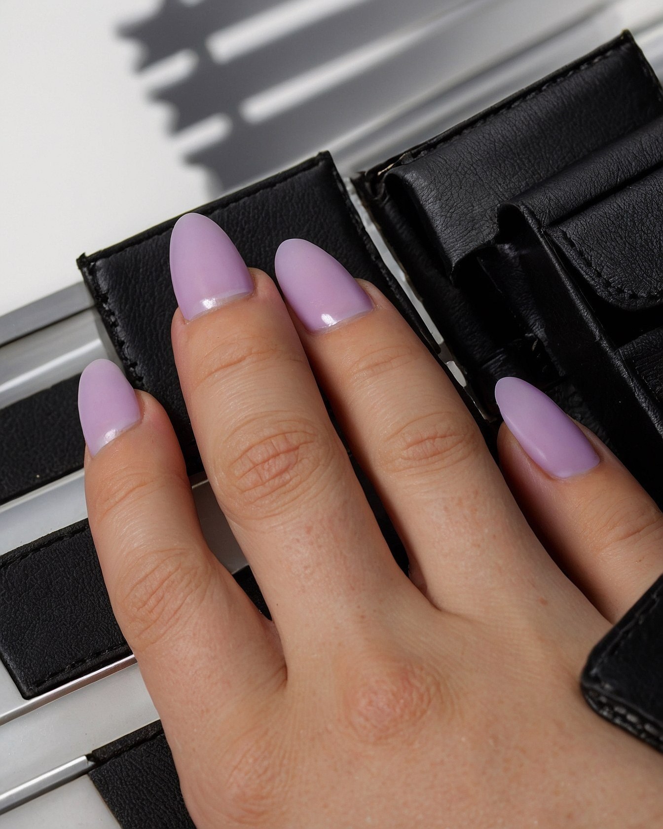 Pastel Lavender Almonds Against Black Leather Texture