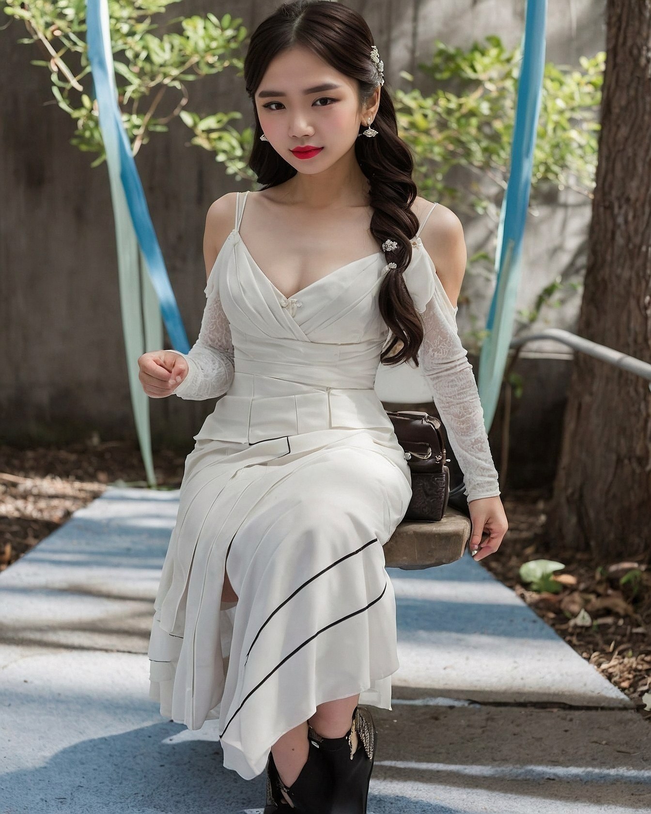 Ivory ensemble with delicate lace and black piping detail