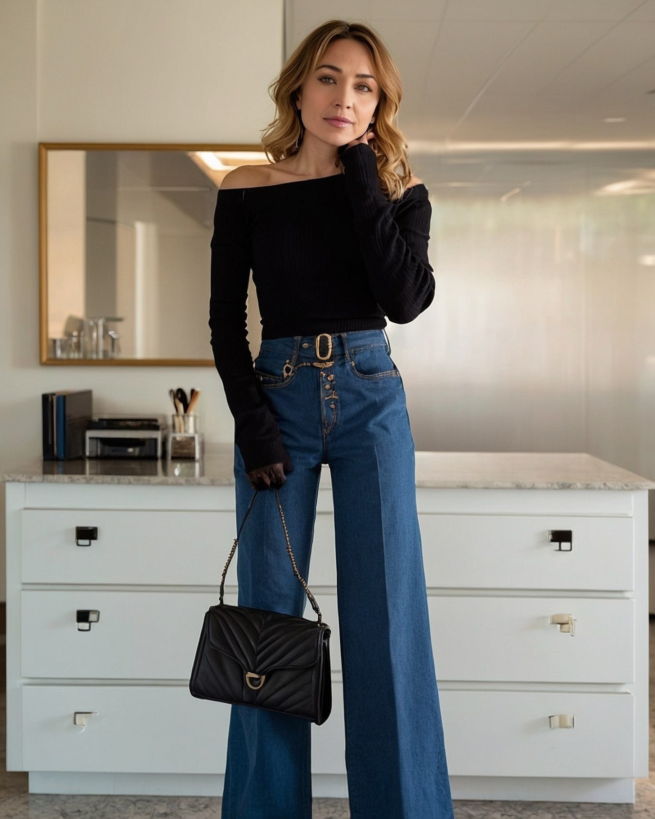 Jean silhouette in warm taupe and midnight black