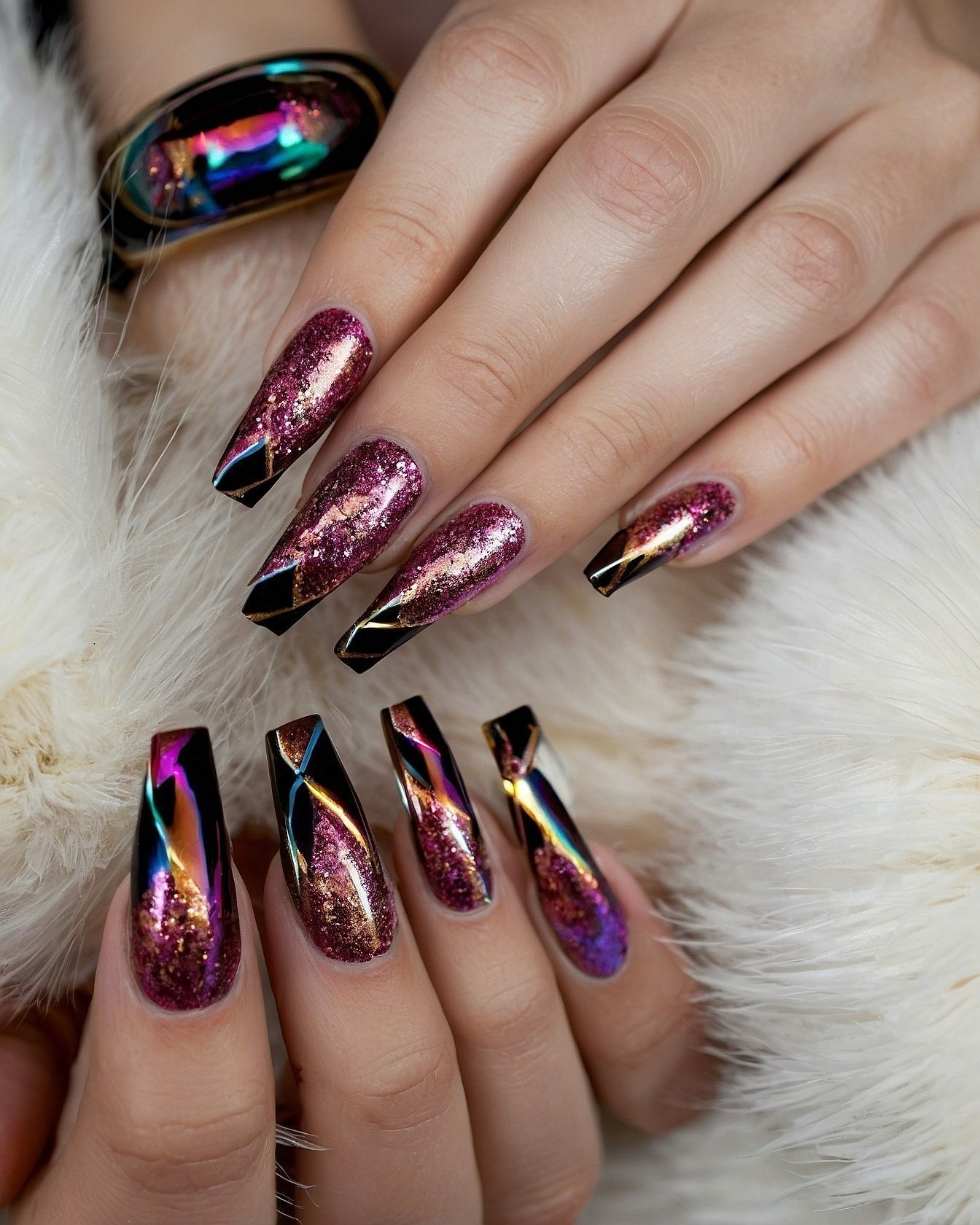 Close-up of Burgundy Glitter and Black French Tip Nails