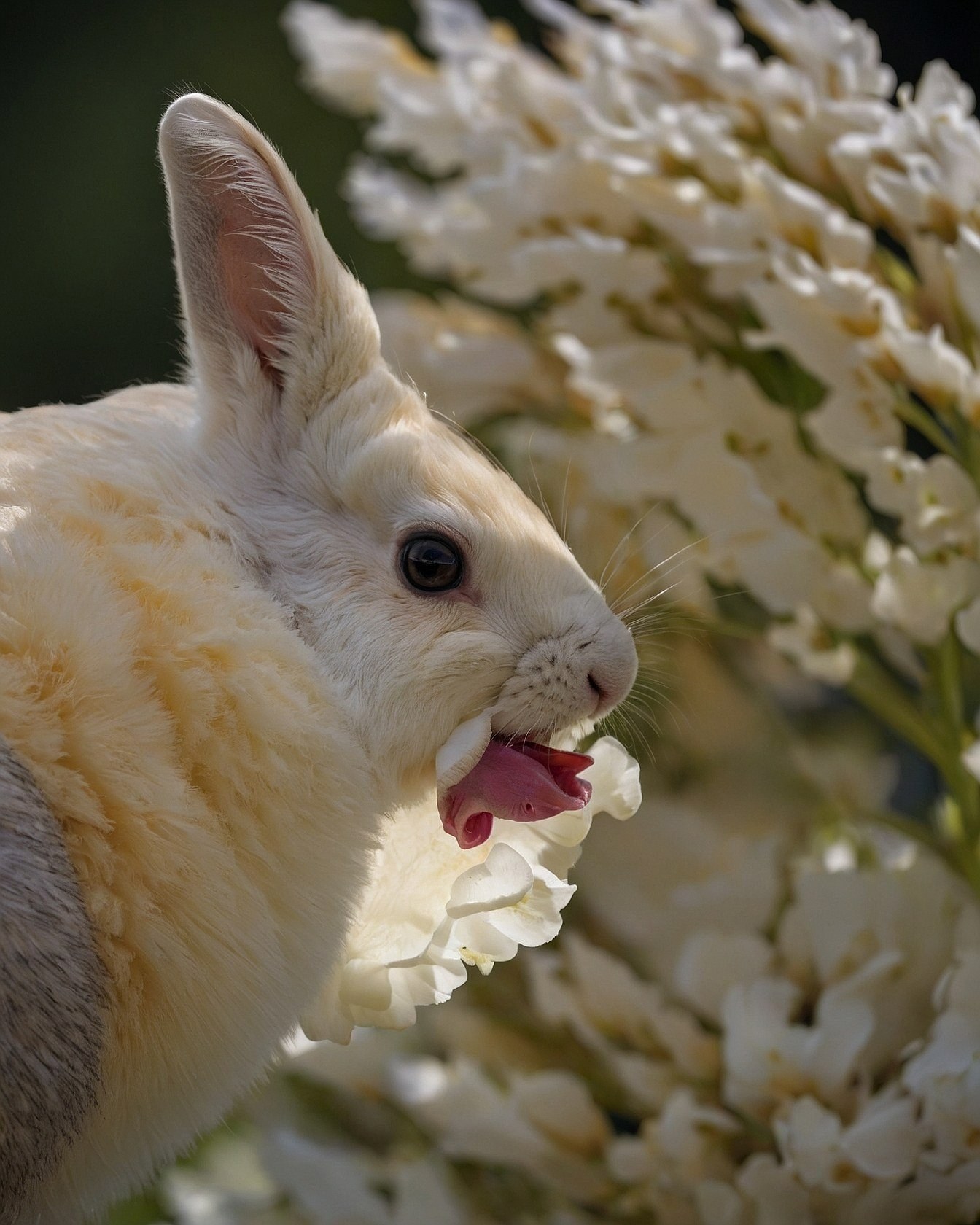 A Rabbit Nibbling White Flowers