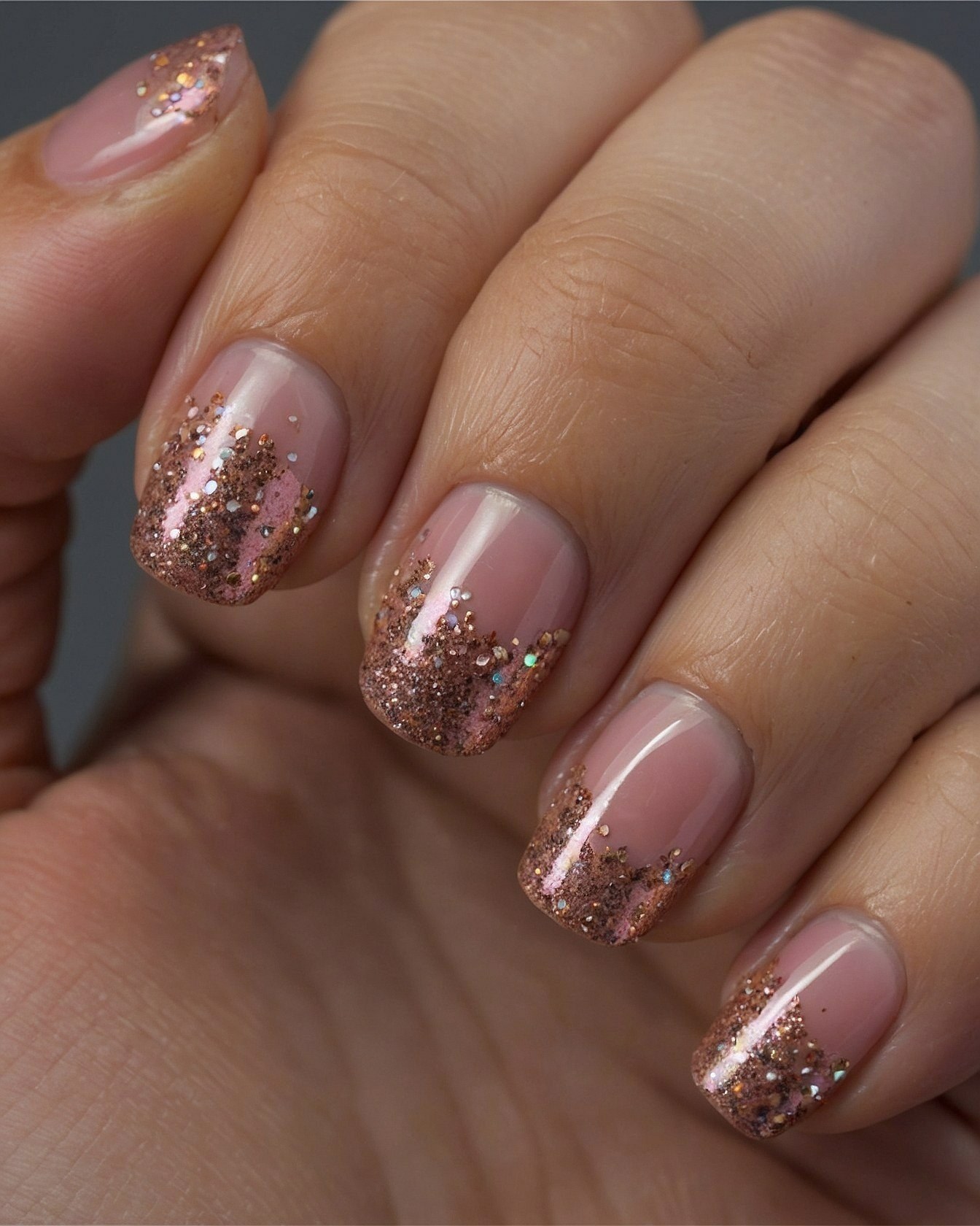 Rose Gold Sparkle Meets Soft Nude French Tips
