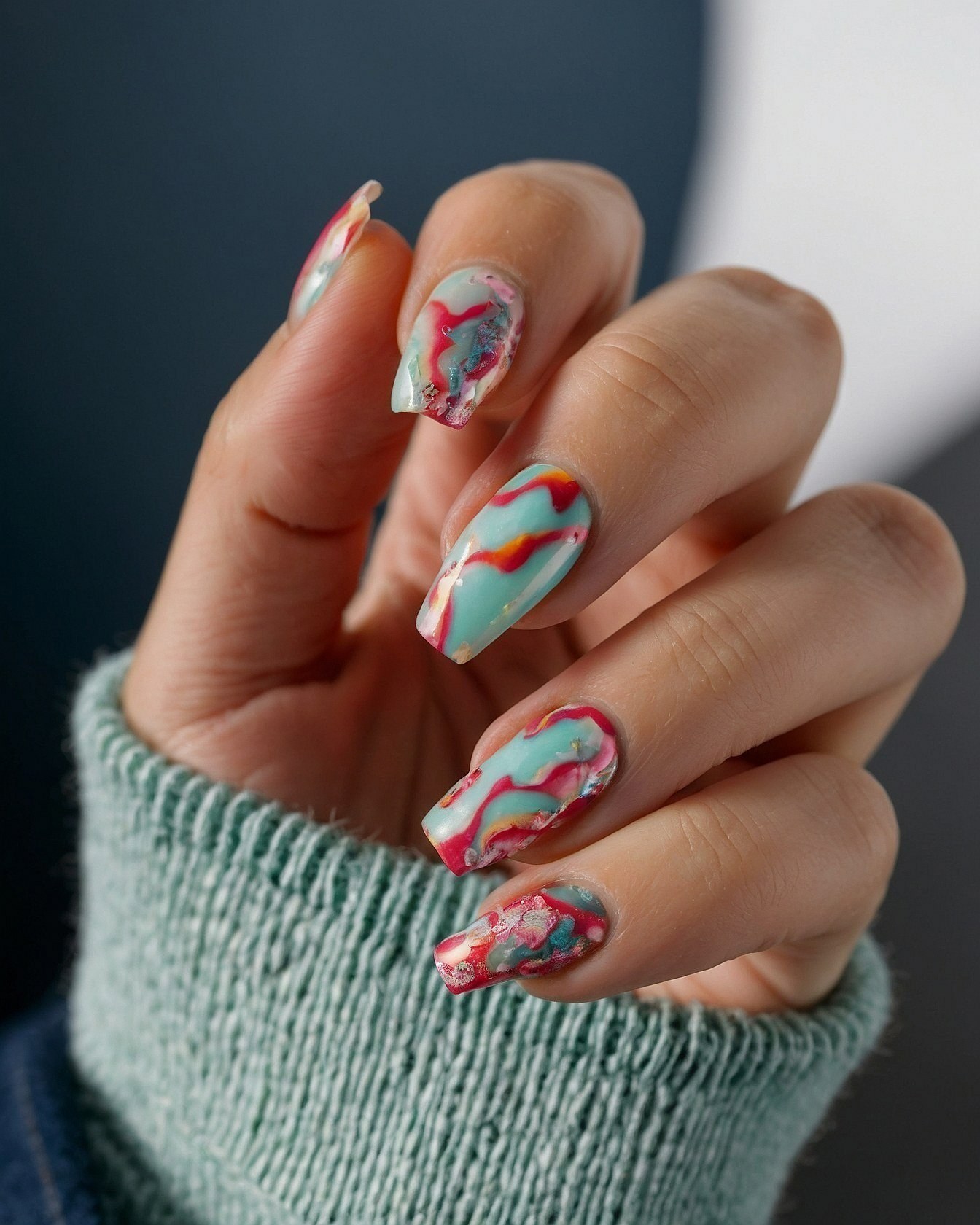 Coordinating Pastel and Crimson Abstract Nail Art