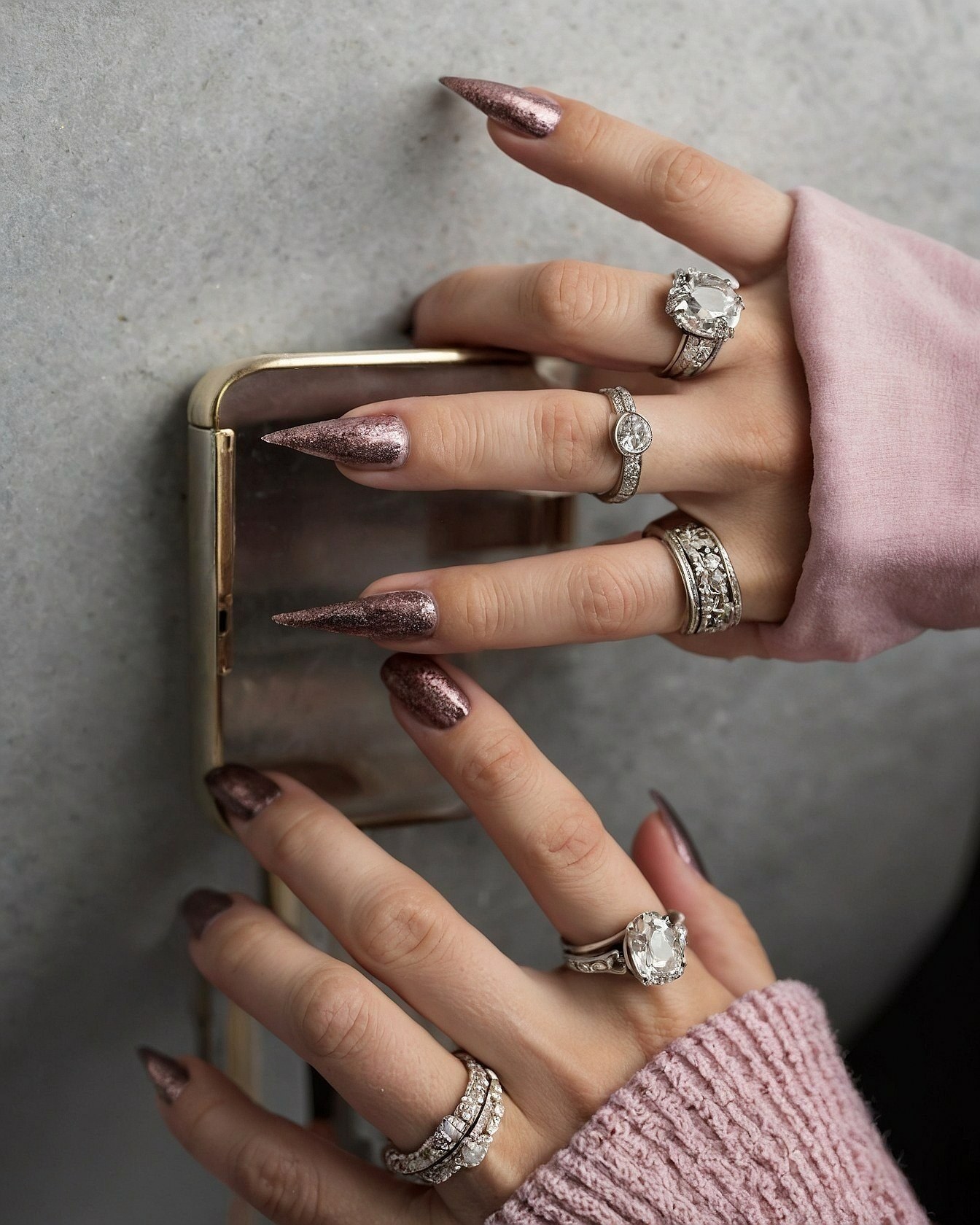 Stiletto Nails with Metallic Rose and Cobblestone Grey