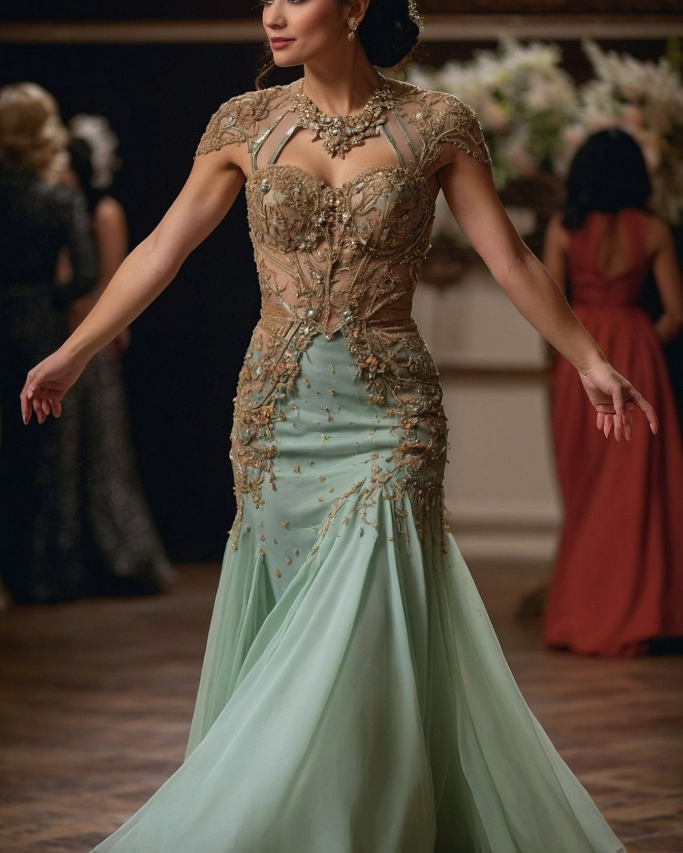 Seafoam Green Gown with Antique Gold Embellishments
