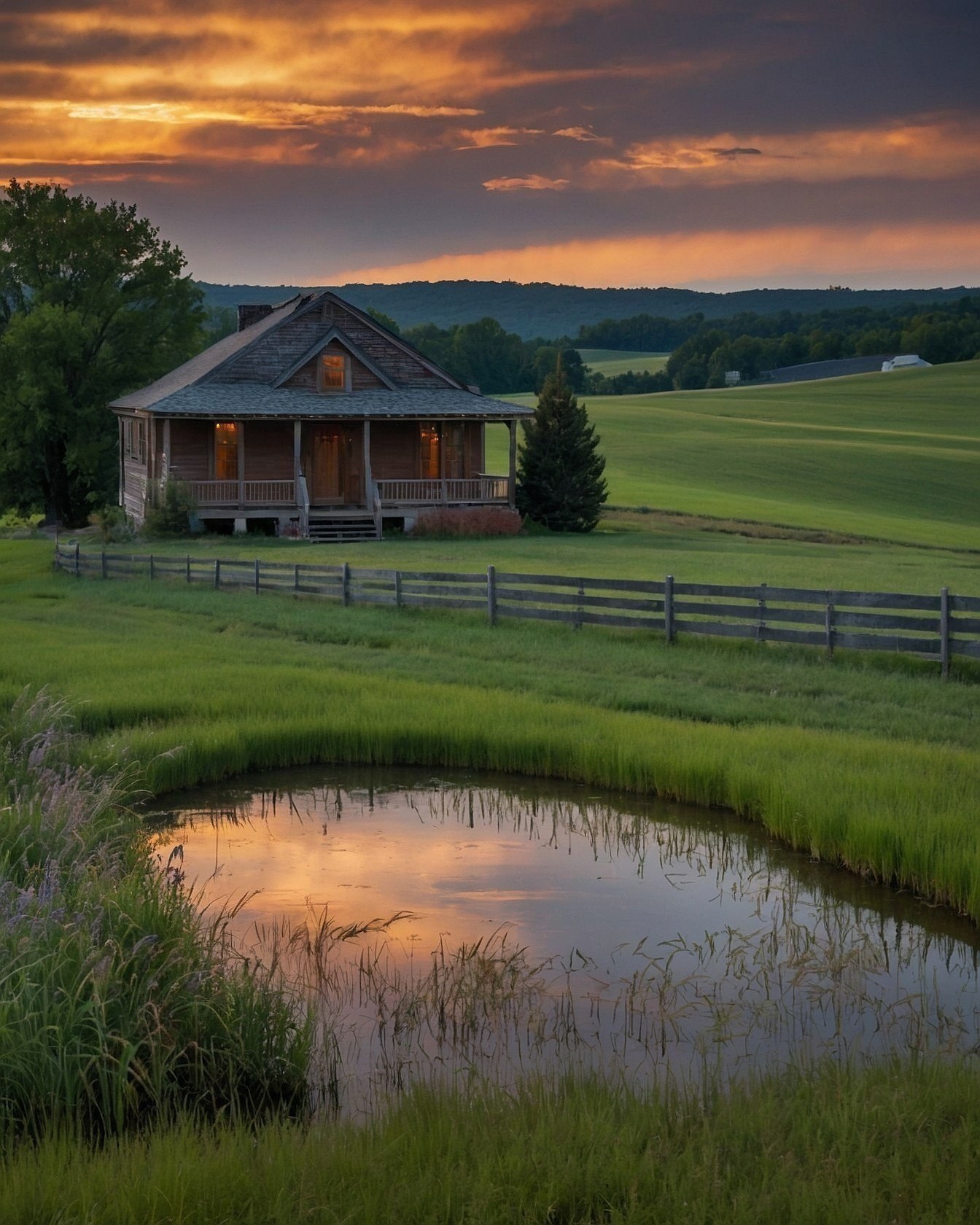 Sunset sky over a rustic wooden home