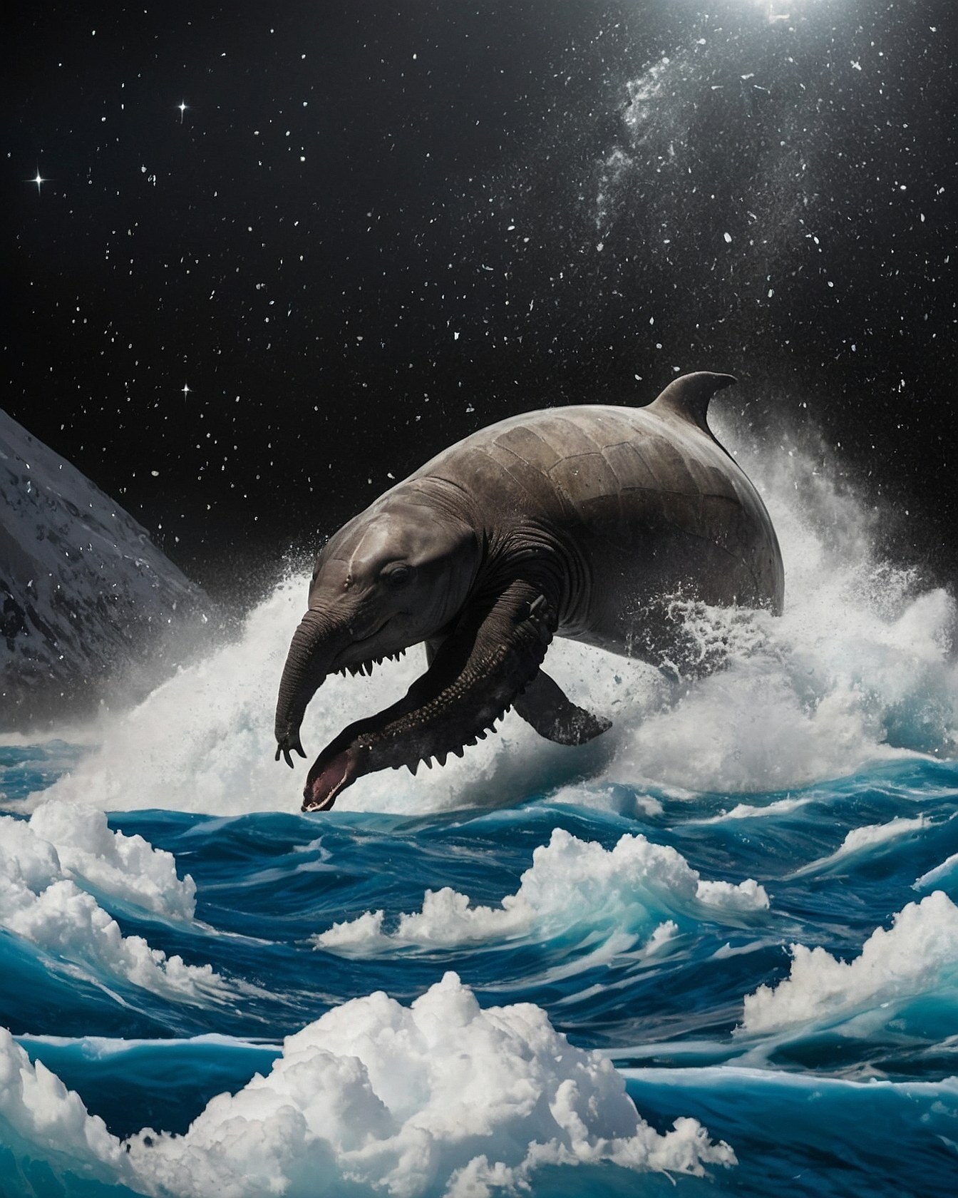 Primal creature emerging from midnight ocean