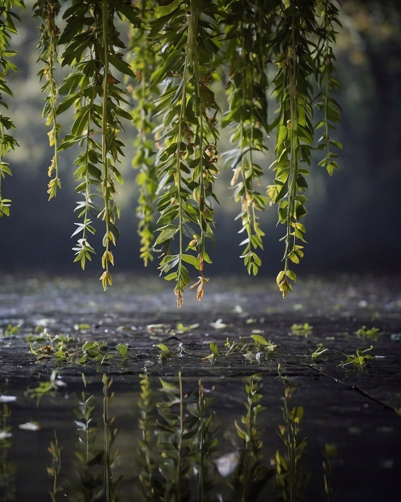 Lush green fronds kiss rippling water