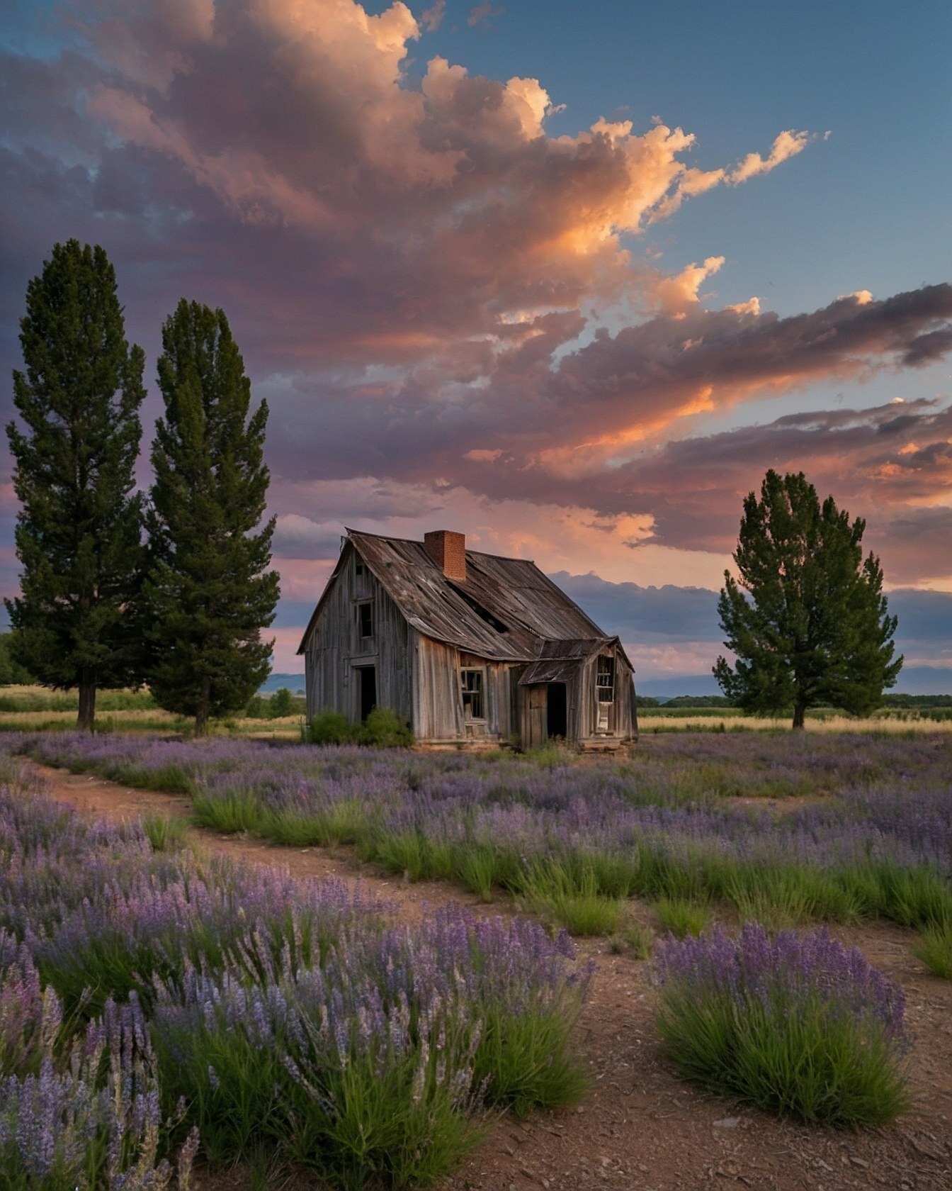 Abandoned homestead under a lavender sunset sky