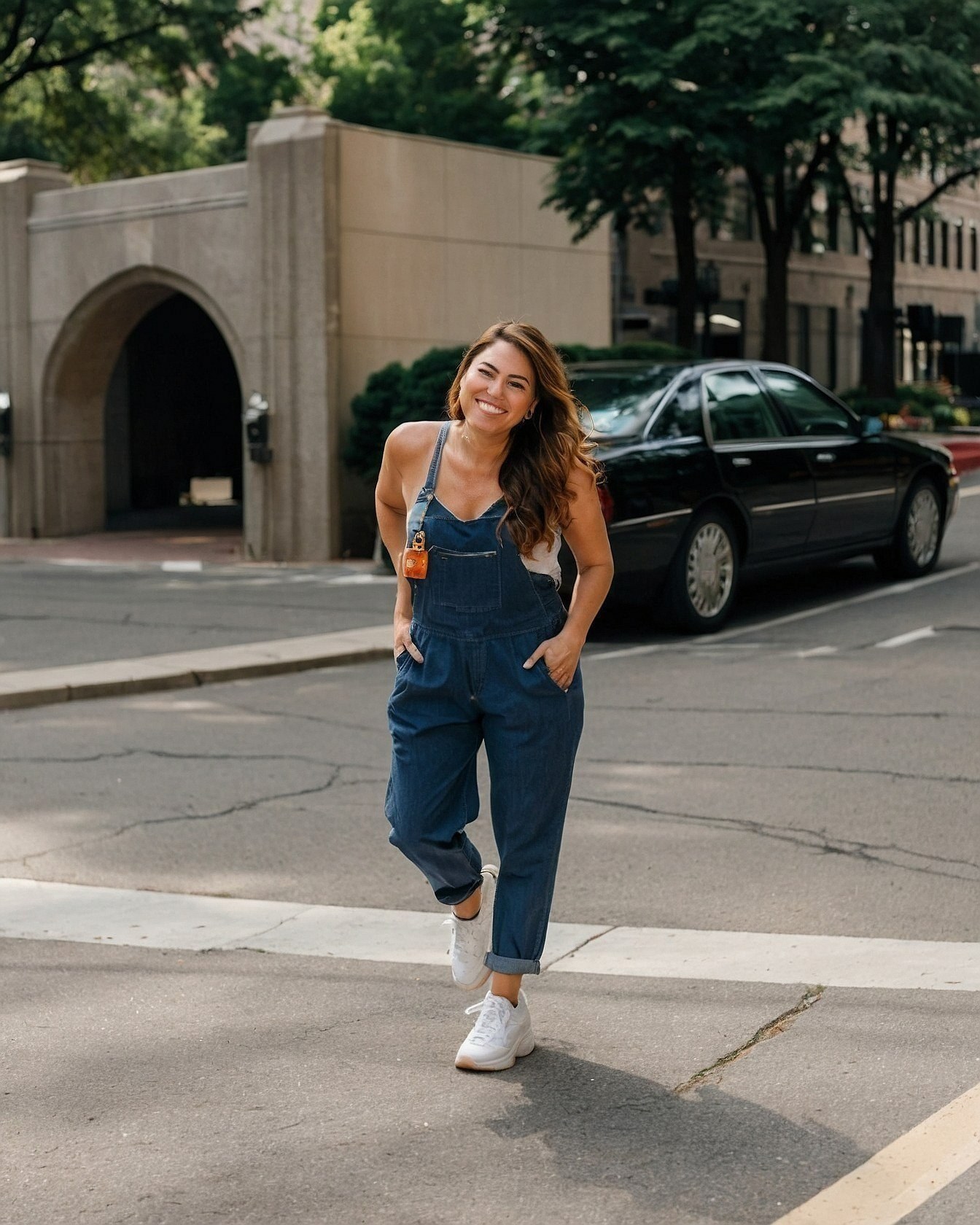 Denim Overalls Paired With Classic White Sneakers