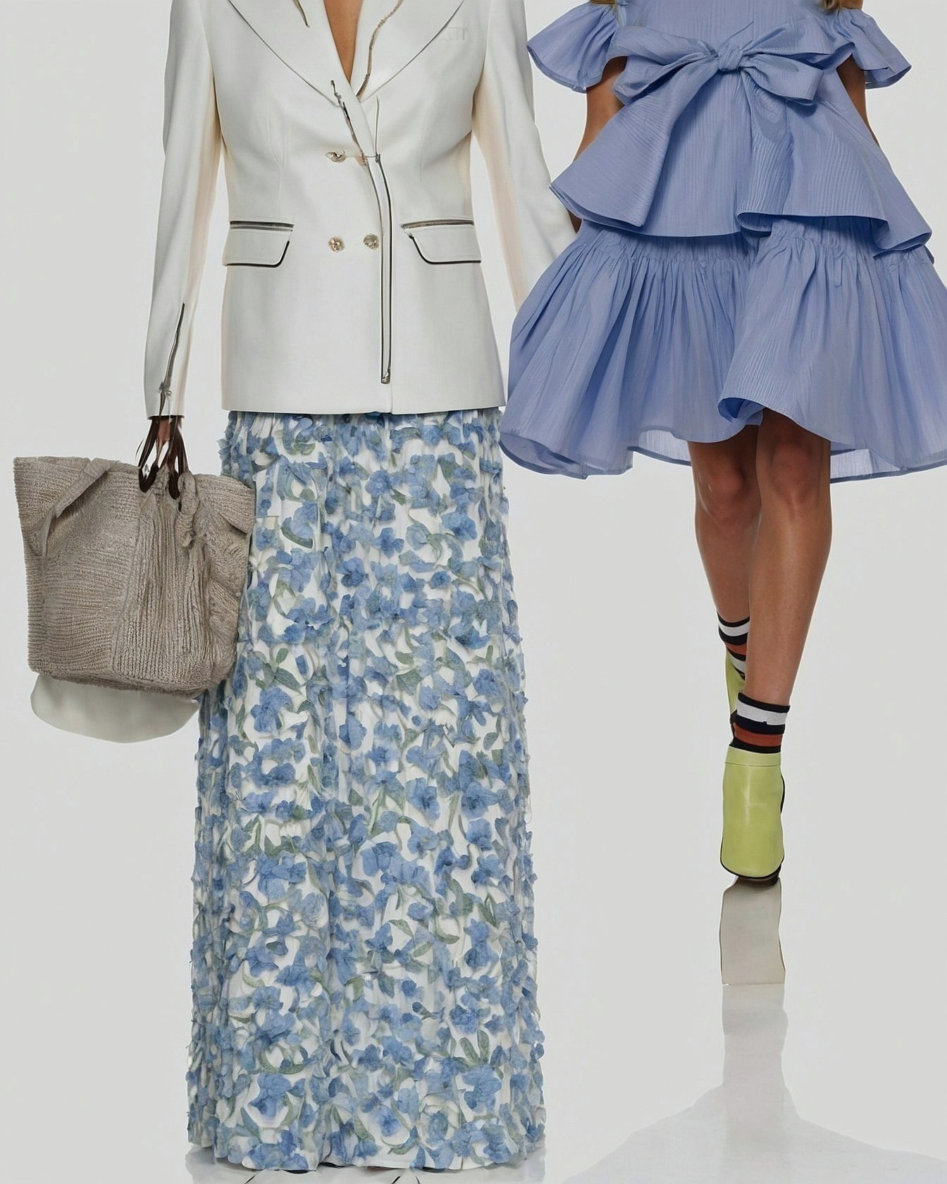 White Blazer Pairs with Blue Floral Maxi Skirt and Neutral Tote