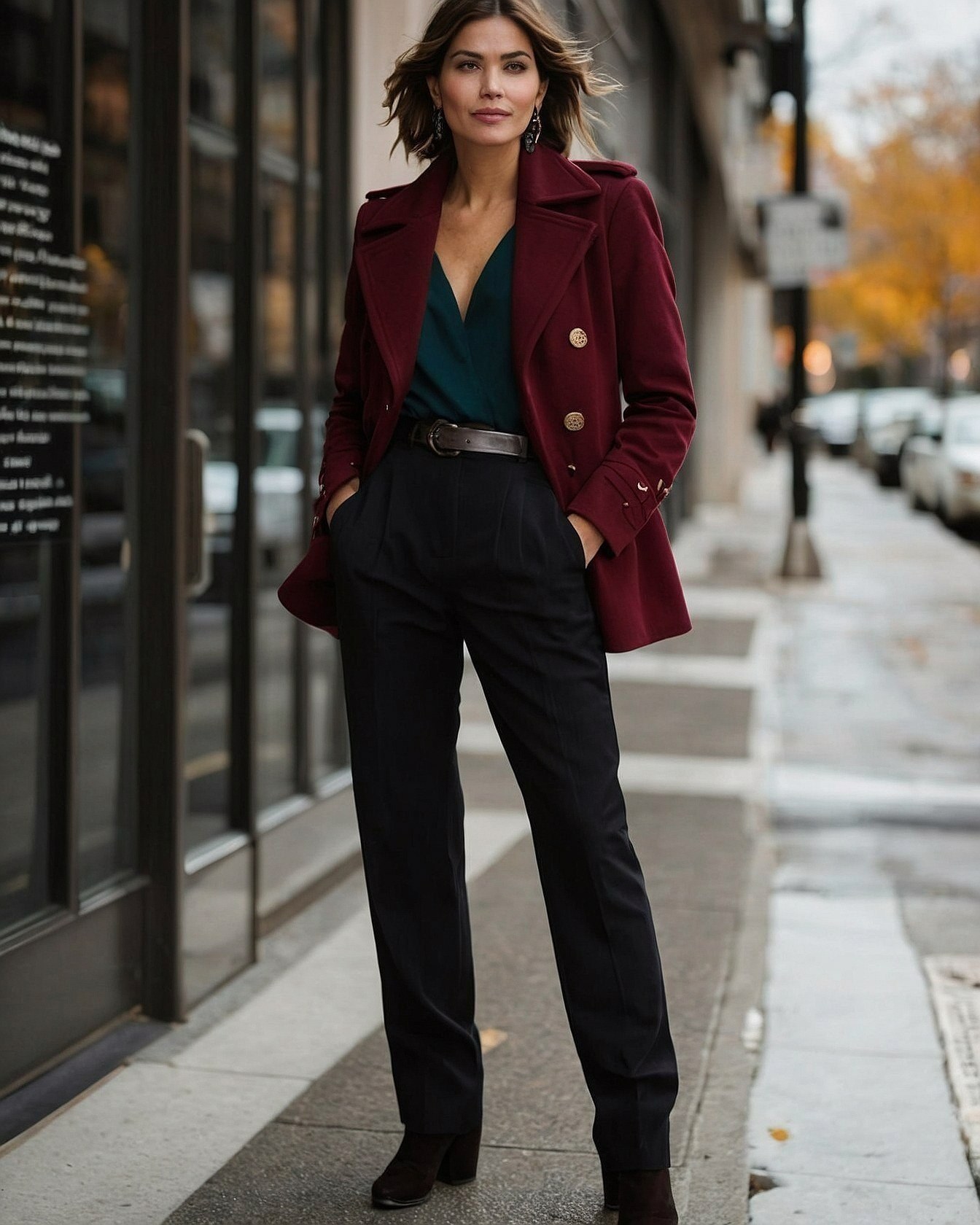 Deep Teal and Burgundy Outerwear Ensemble