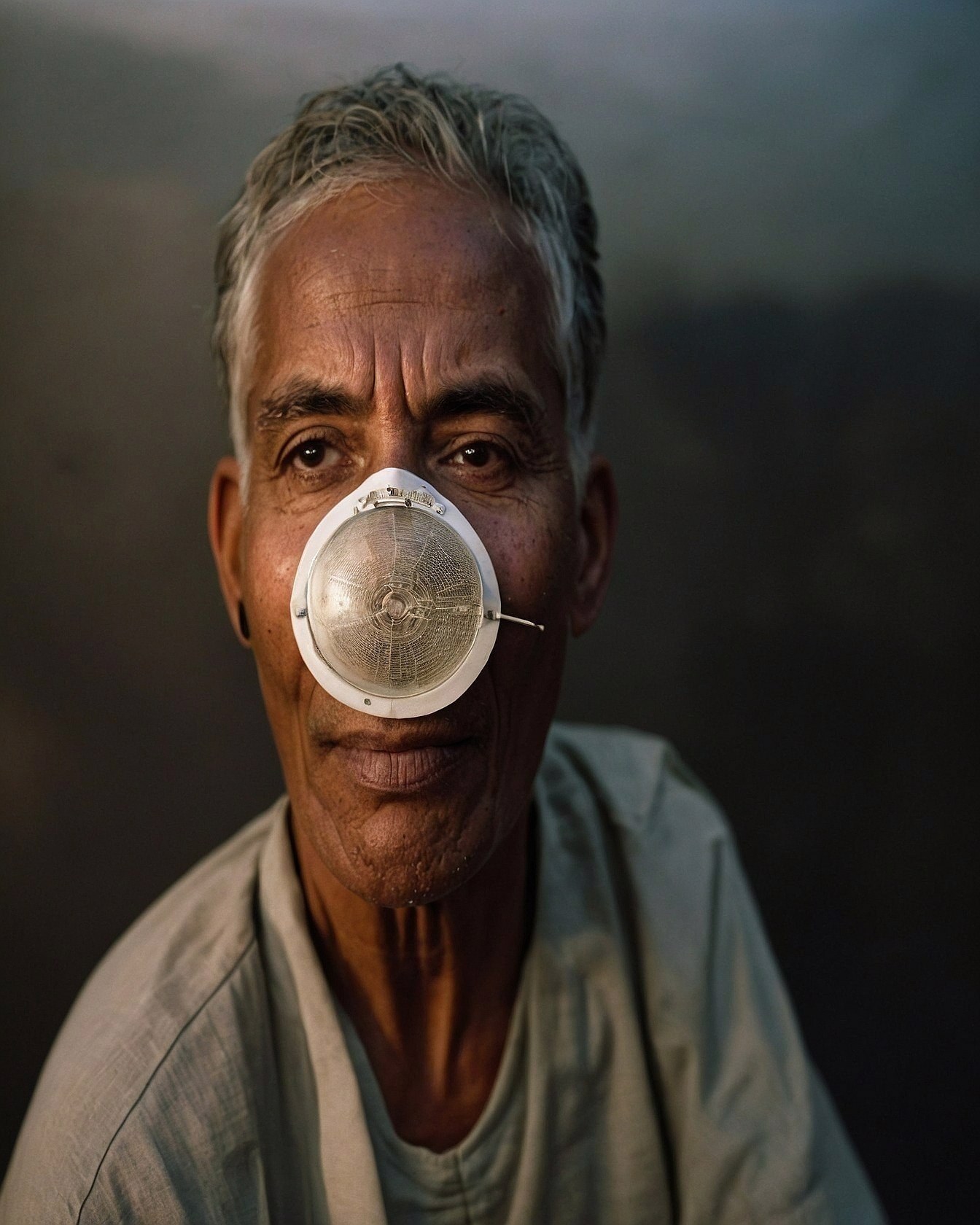 Man with a textured mask and muted grey shirt