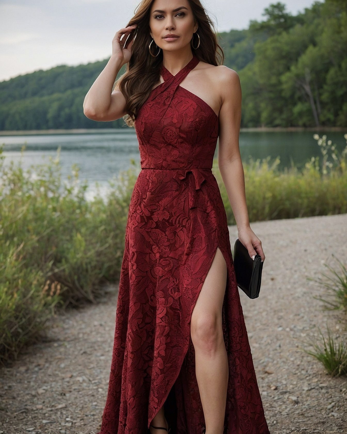 Burgundy Lace Gown with Deep Slit