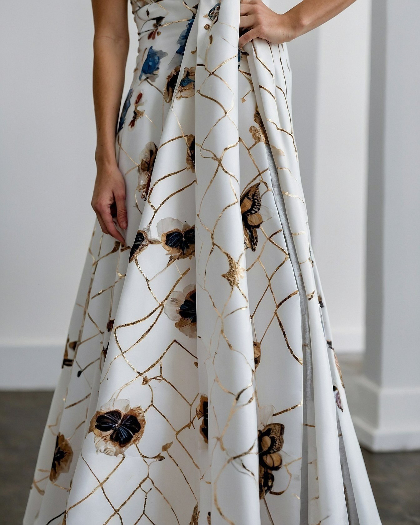 Warm taupe and antique brass floral print