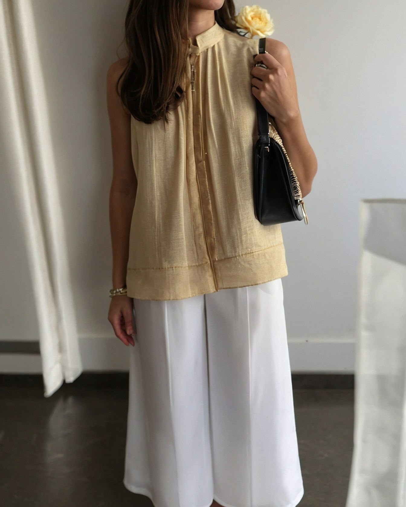 Soft Ochre Top and Crisp White Culottes