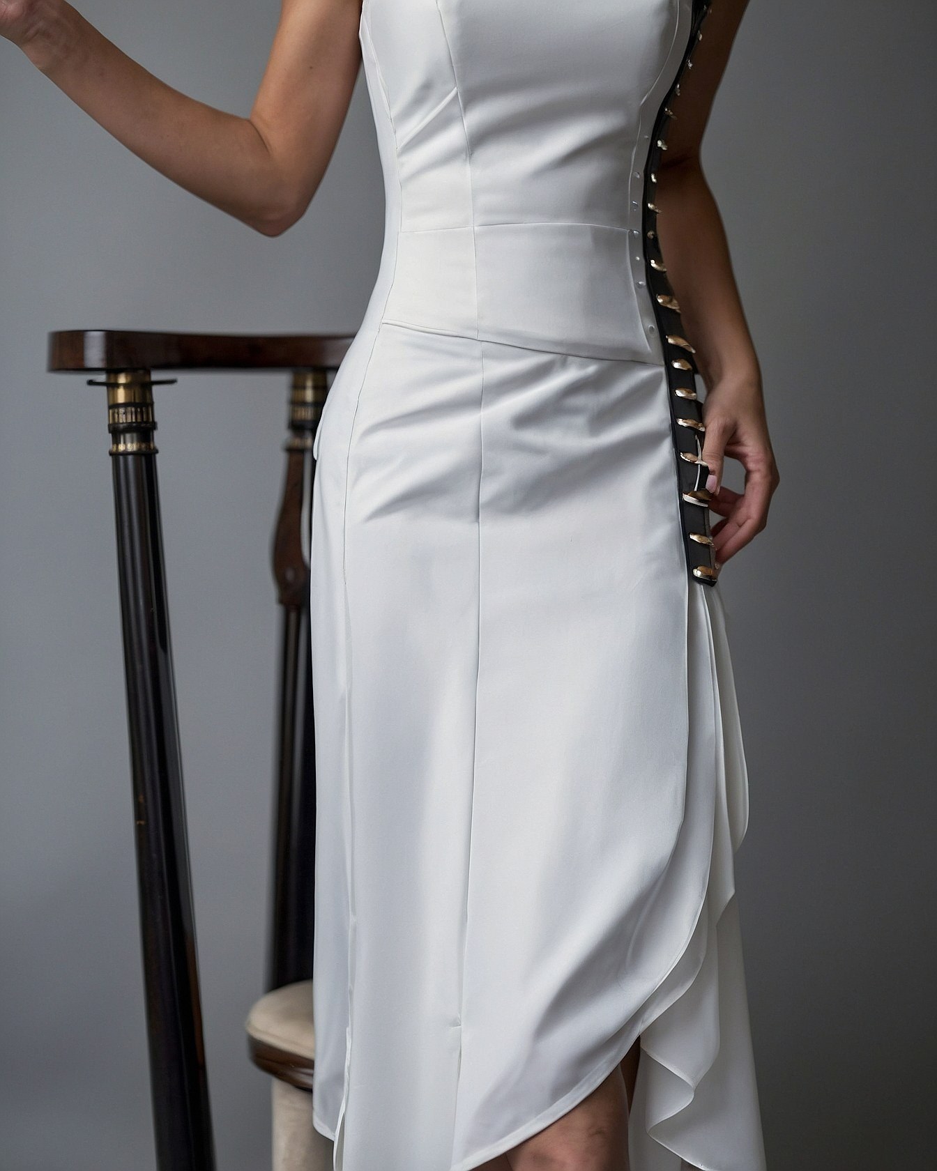 White Gown with Antique Brass and Black Accents