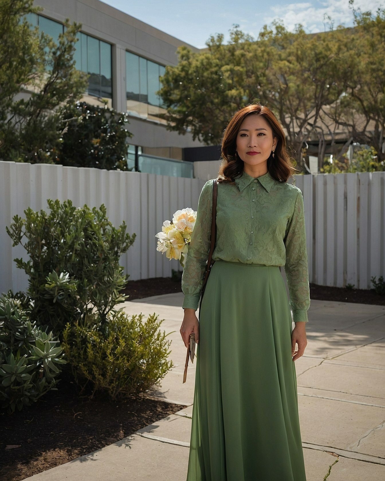 Sage green blouse paired with a flowing emerald skirt