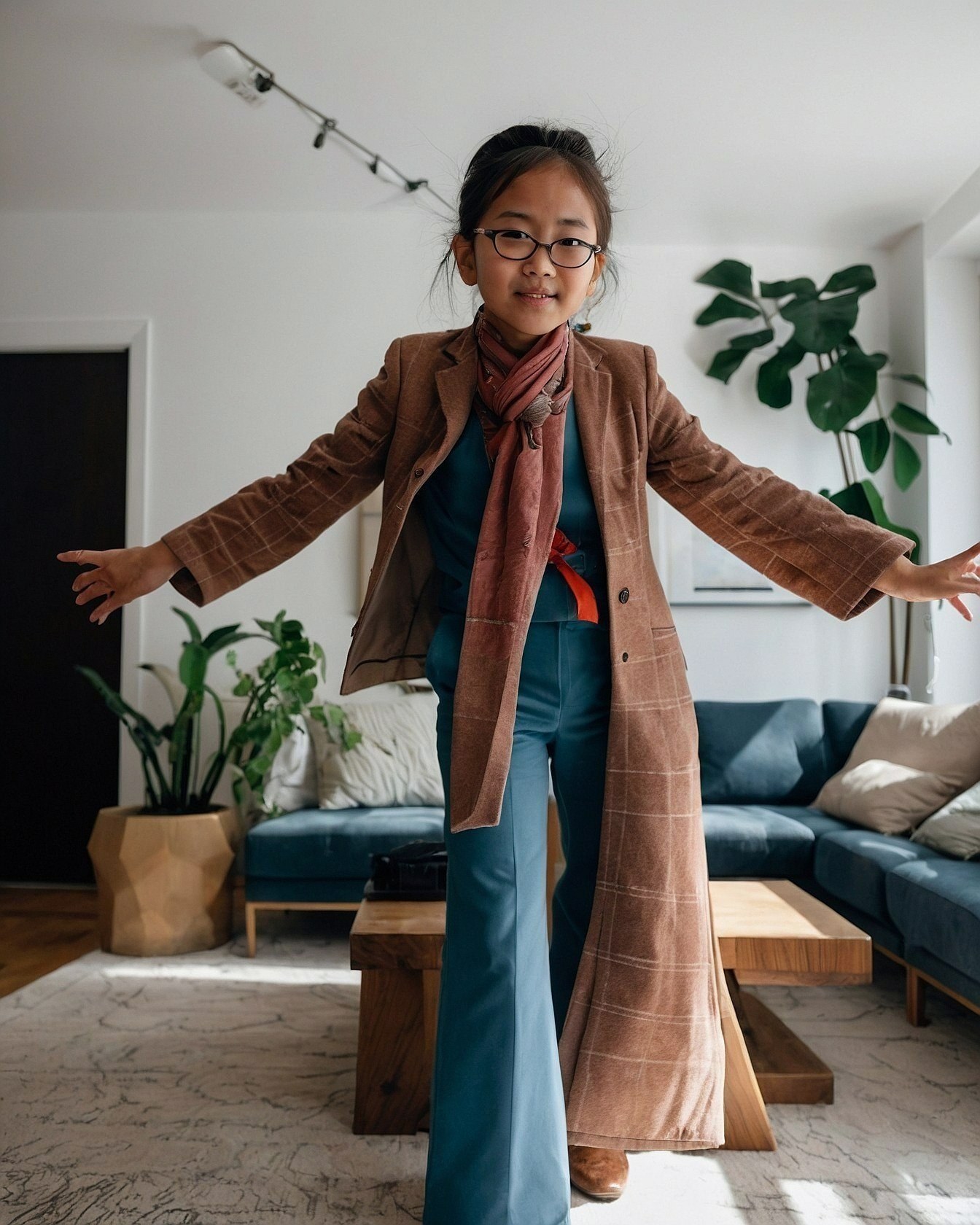 A playful take on a brown plaid blazer look