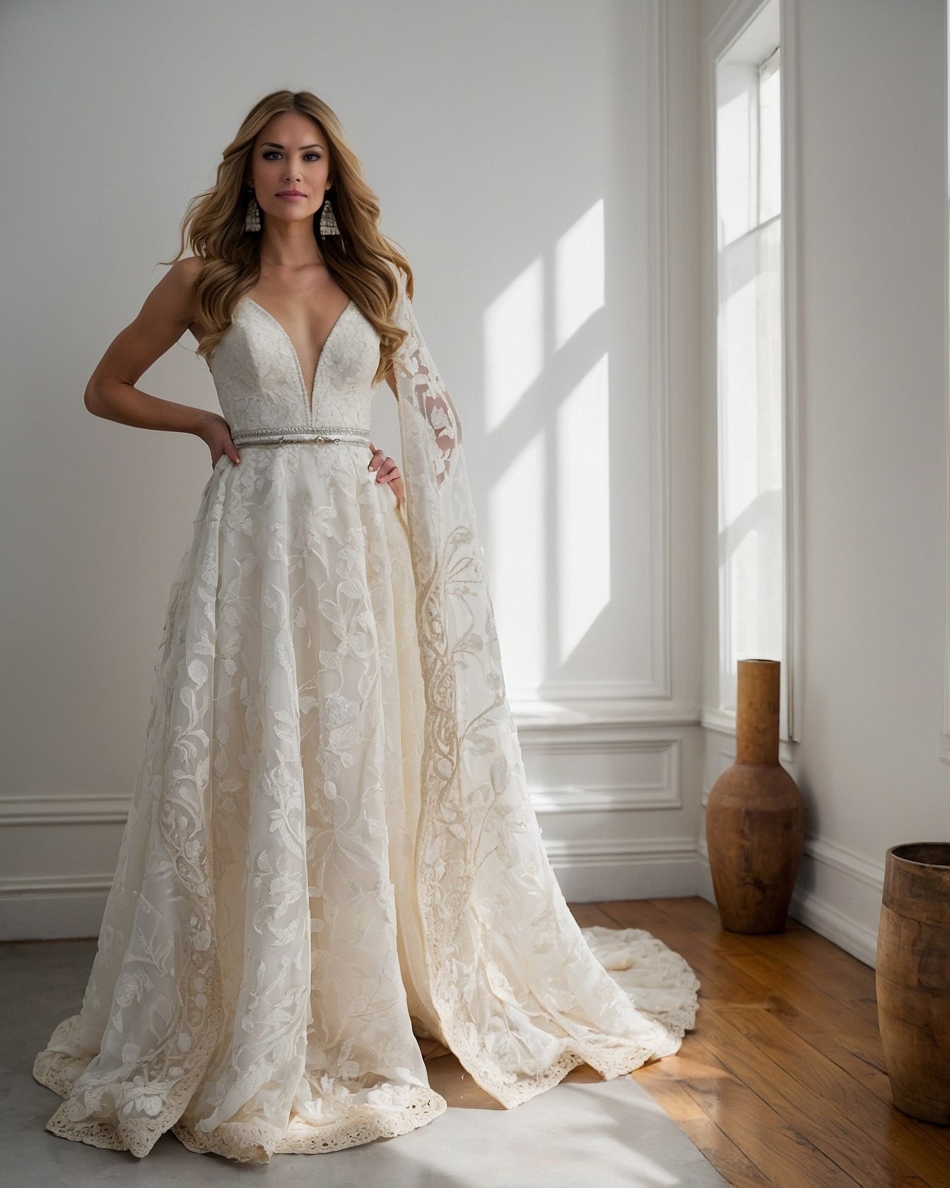 Cream lace gown with soft earthen tones
