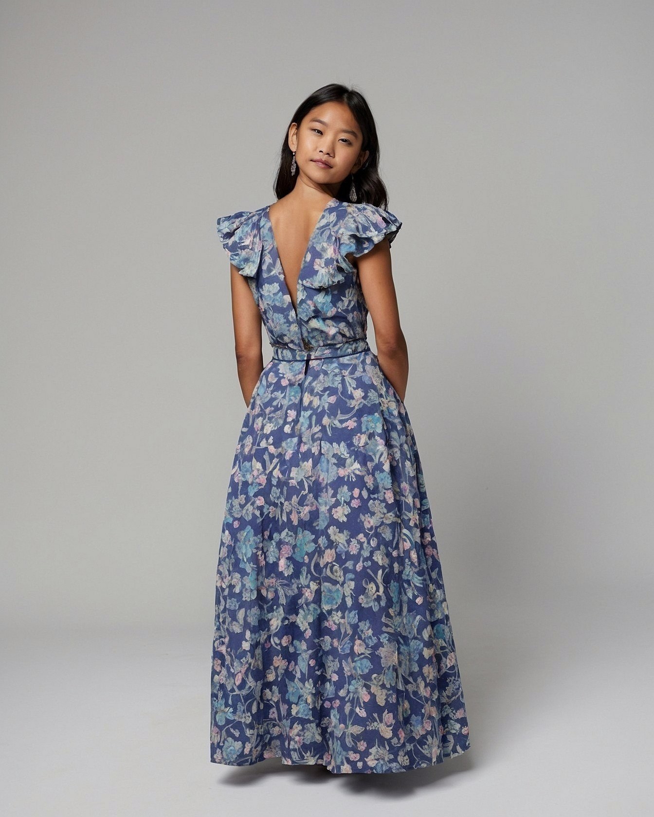 Floral Dress in Denim Blue and Dusty Rose