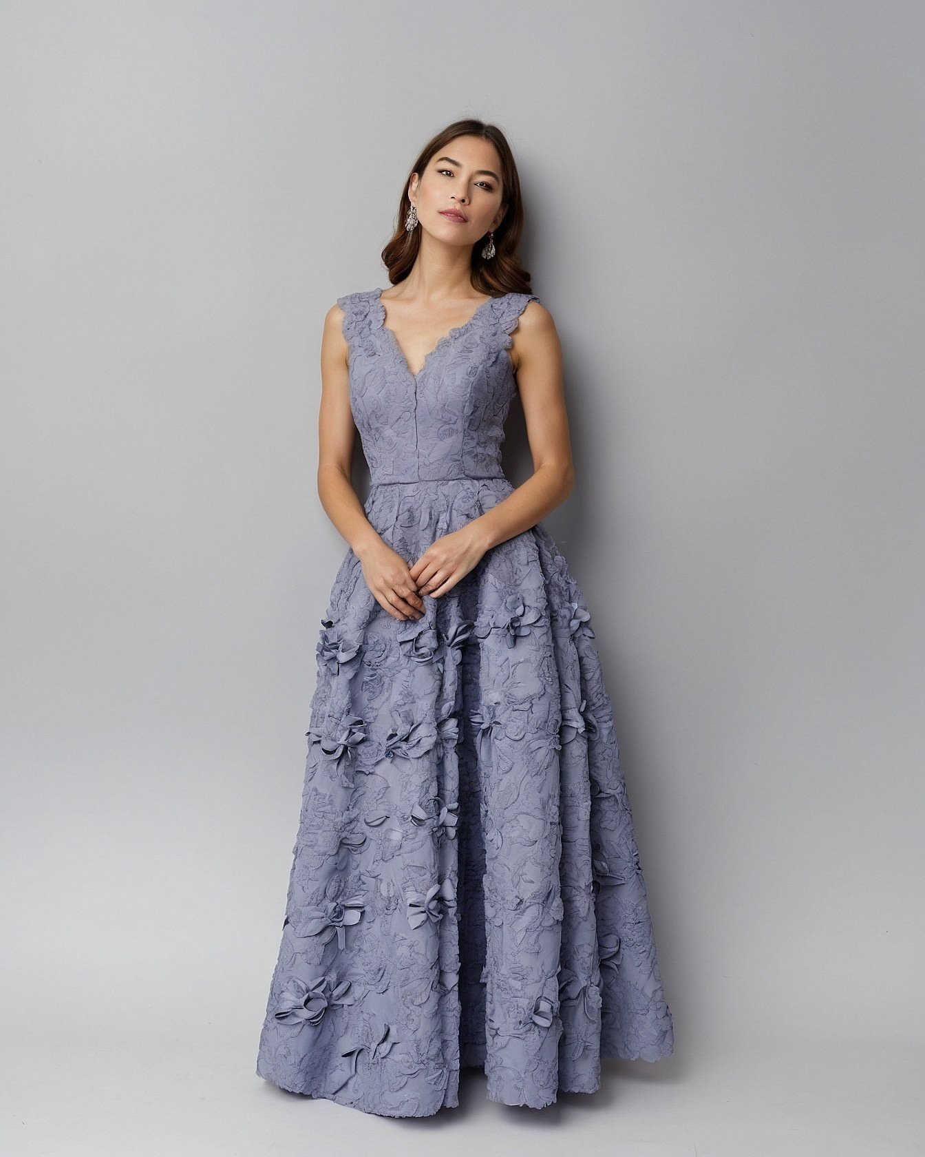 Muted Lavender Lace Gown with Three-Dimensional Bloom Appliqués