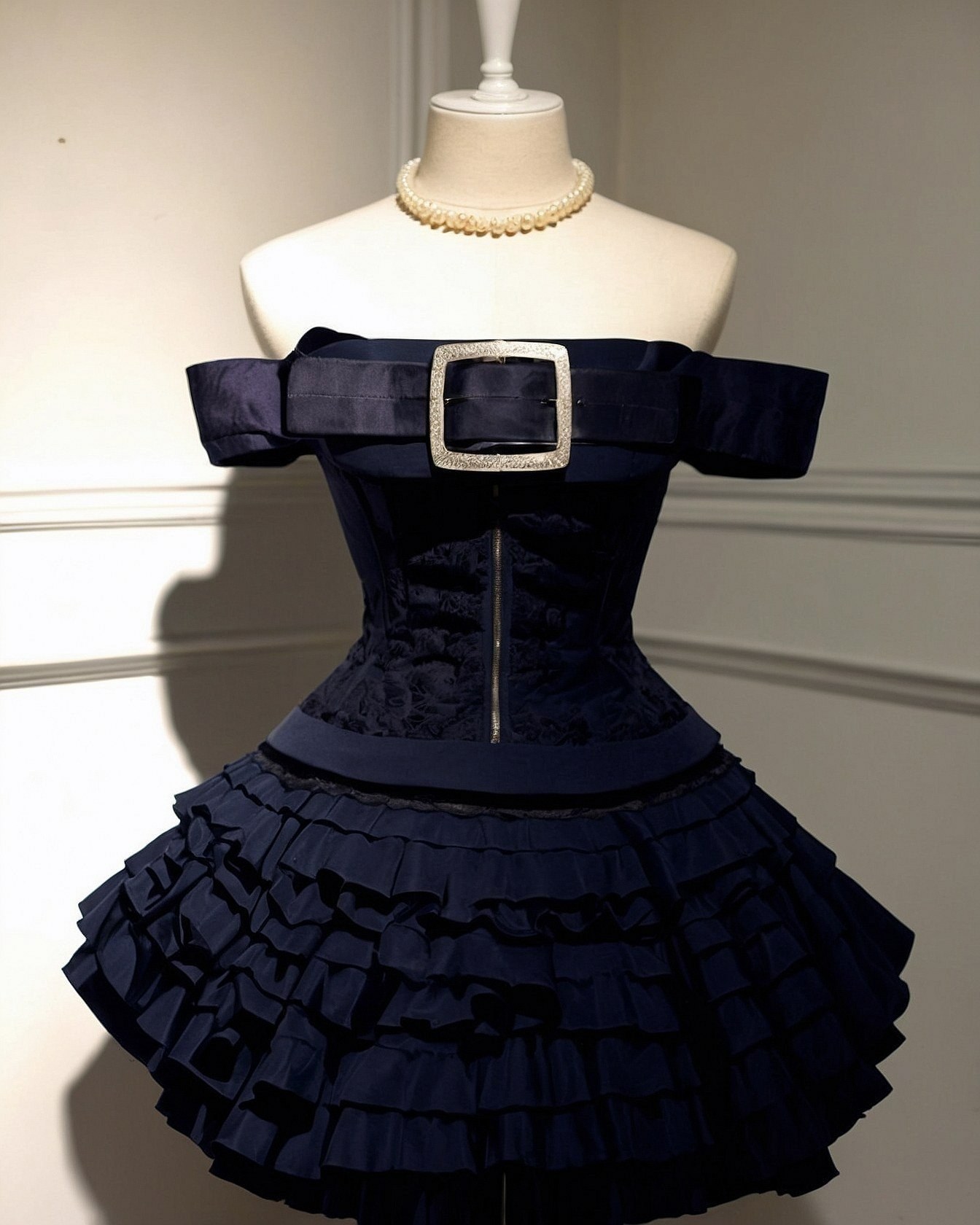 Navy Blue with Warm Taupe Accents and Pearl Necklace