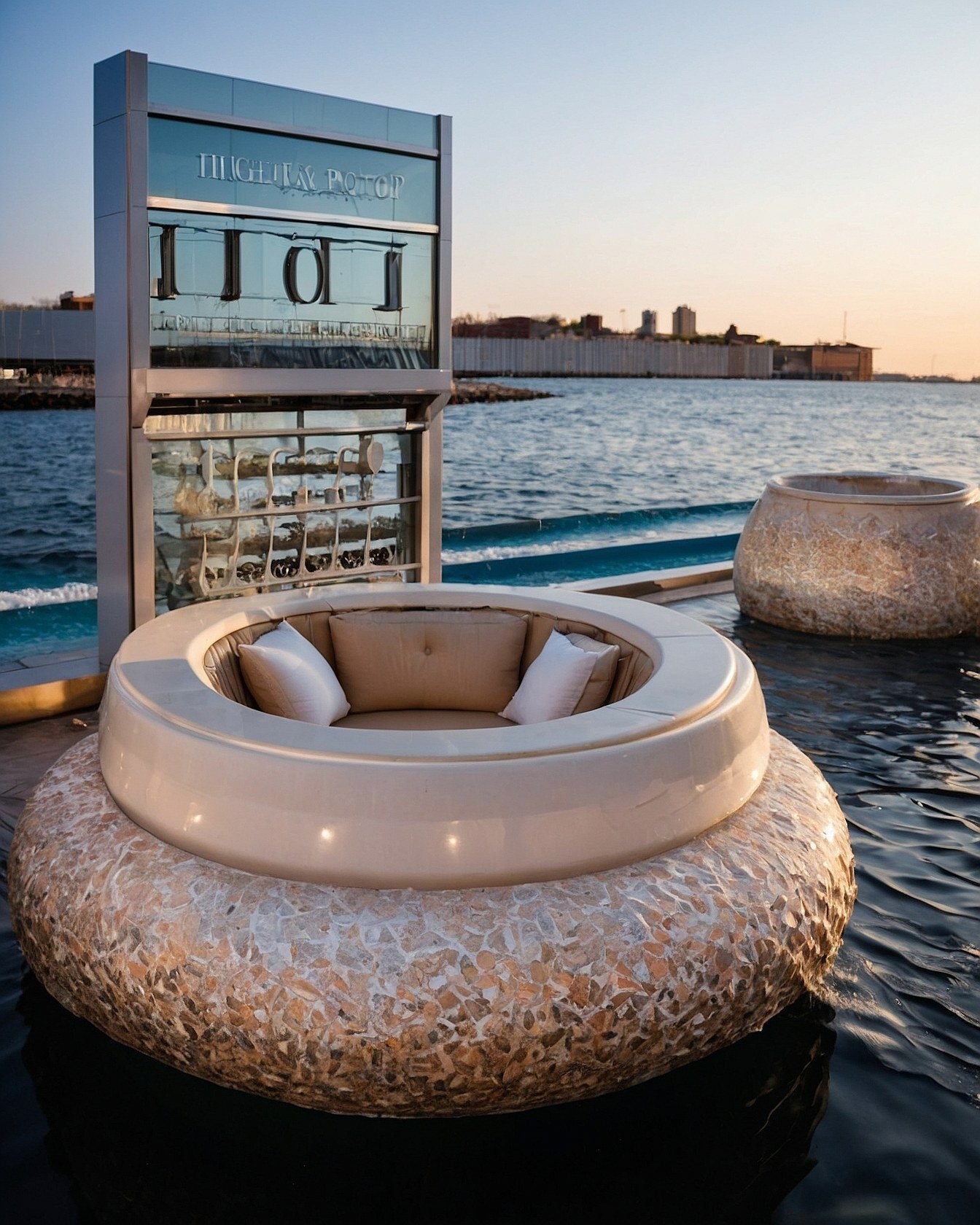 Floating lounge with taupe and stone mosaic base