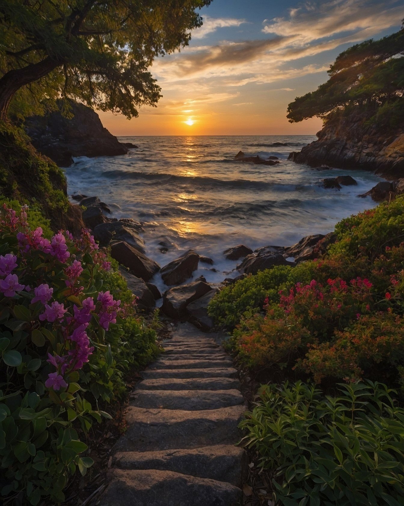 Stone Steps Descending to a Coastal Sunset