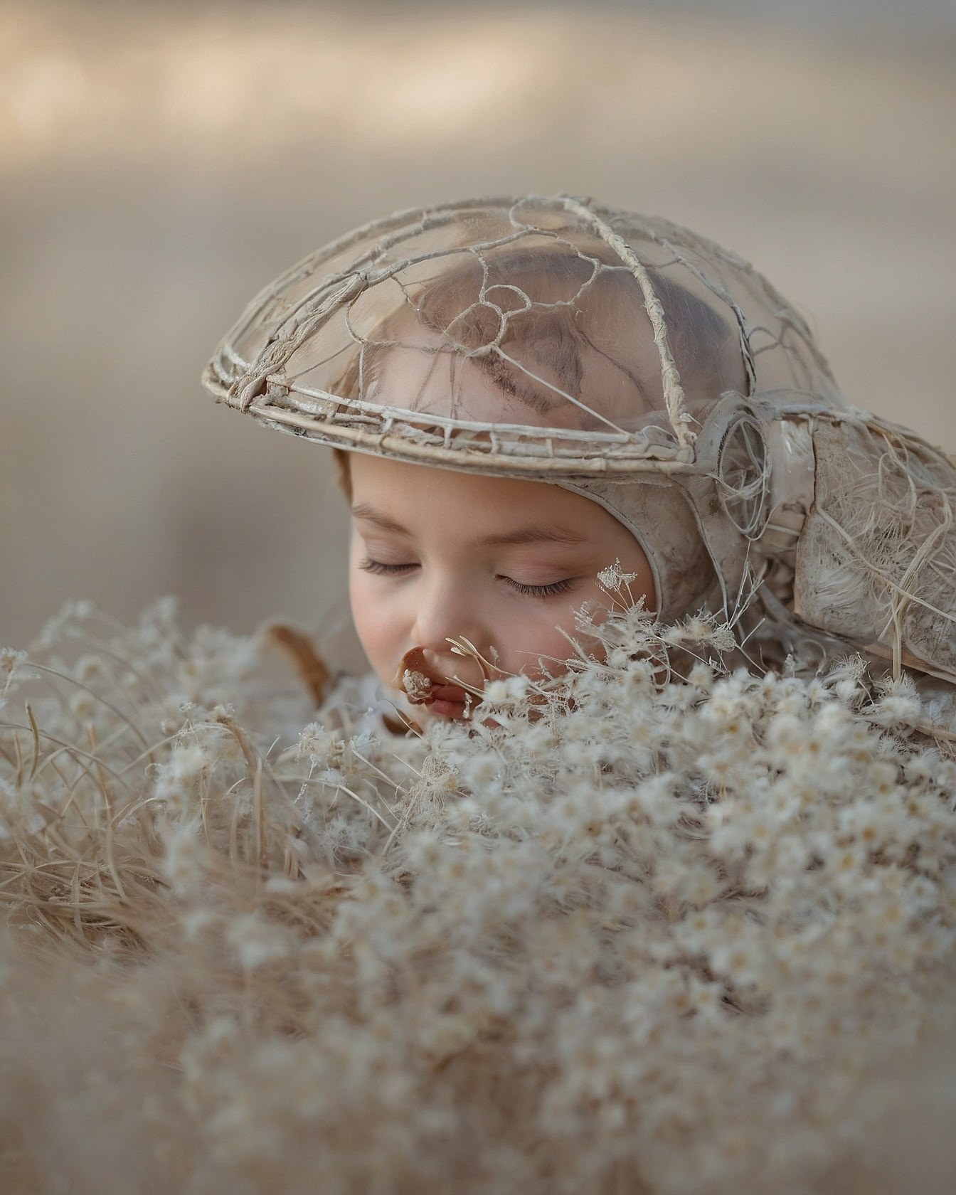 Soft taupe and cream tones embrace child's face