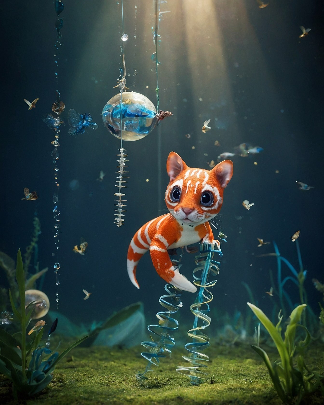 Whimsical underwater scene with a striped kitten