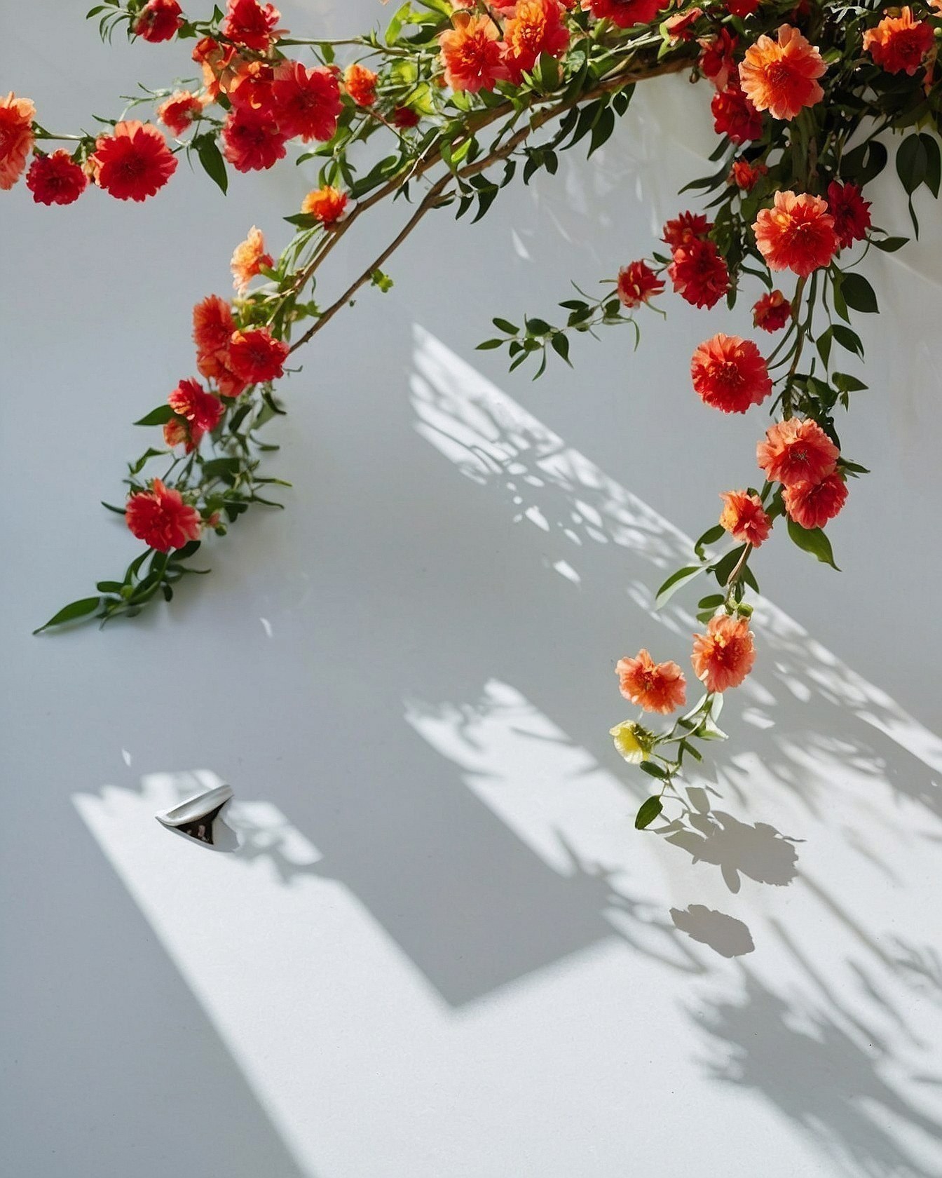 Bright coral blooms against a textured white wall