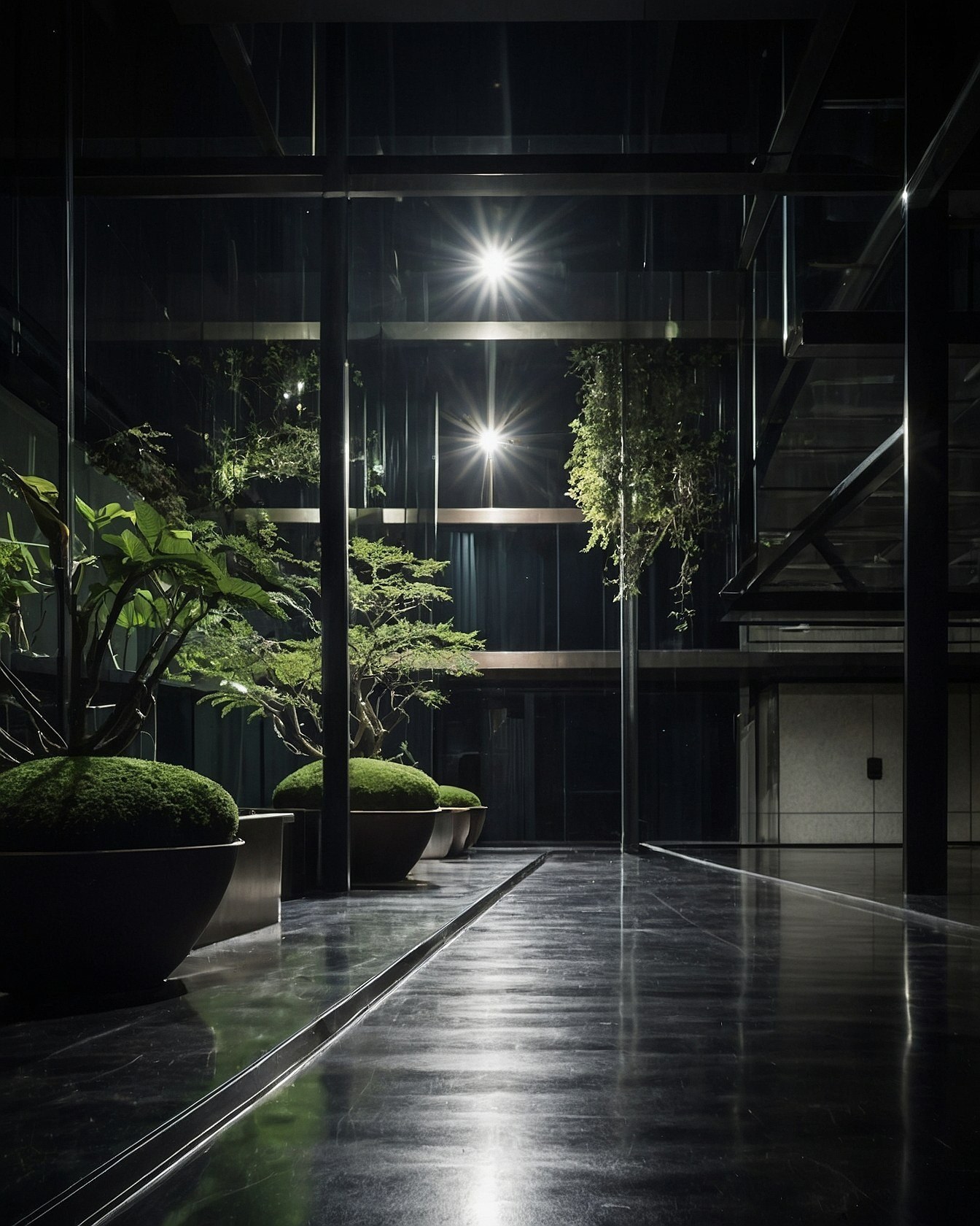 Reflective Path with Lush Greenery and Industrial Accents