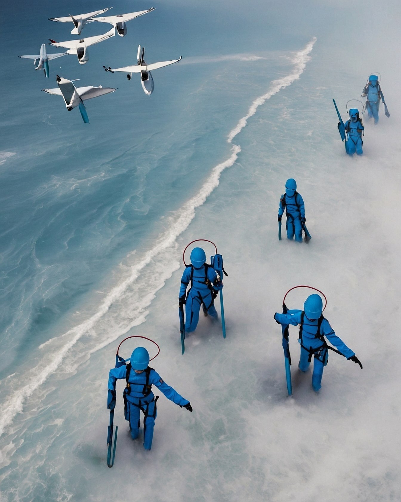 Figures in Cerulean Against a Watercolor Sea