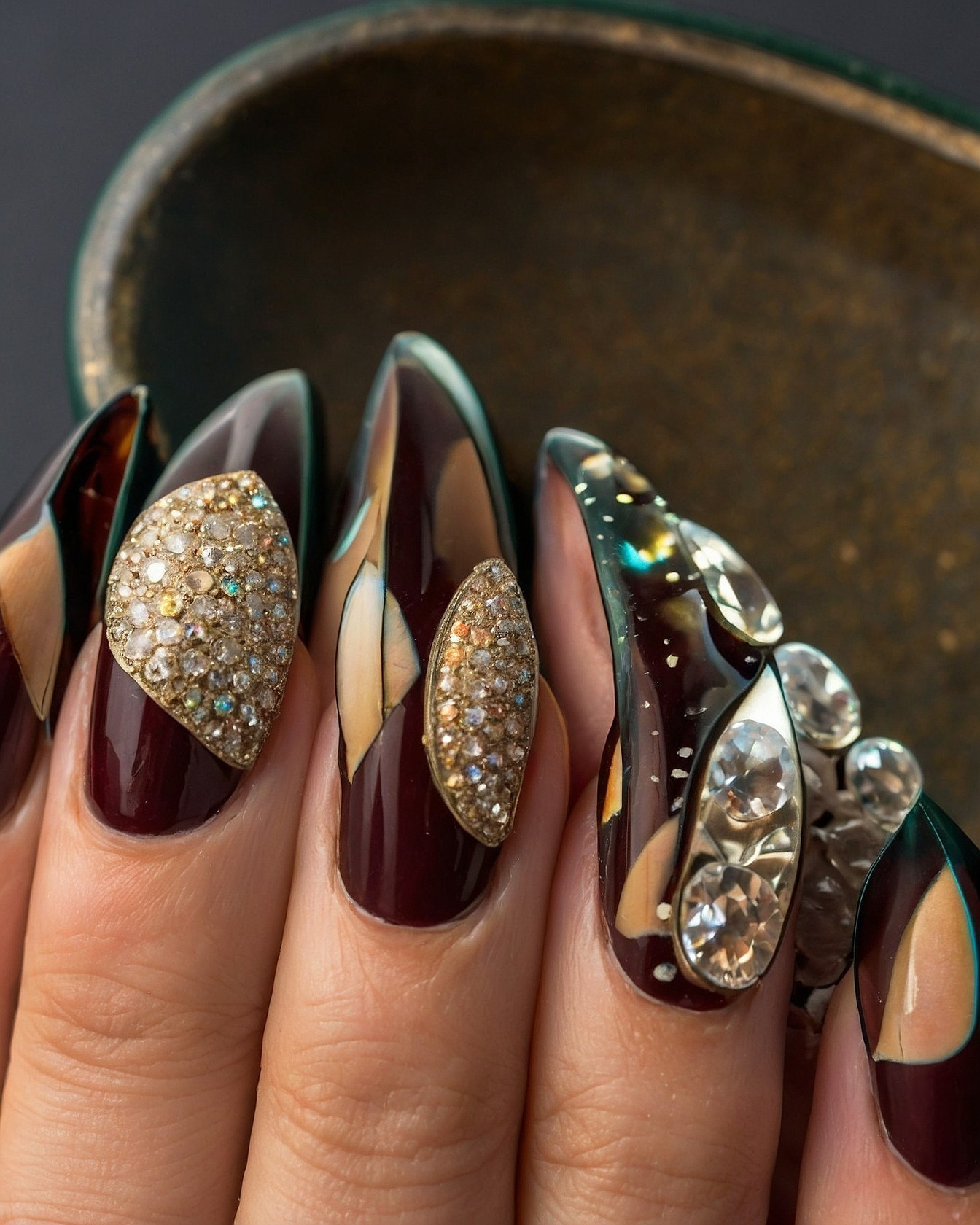 Deep Burgundy and Antique Brass Gem Accents