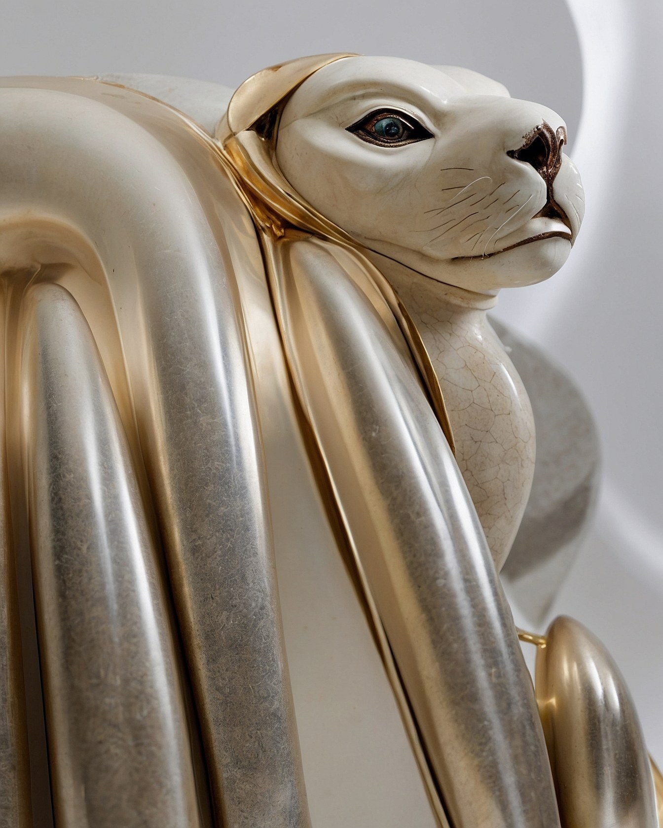 Sculptural Lioness in Cream, Gold, and Silver