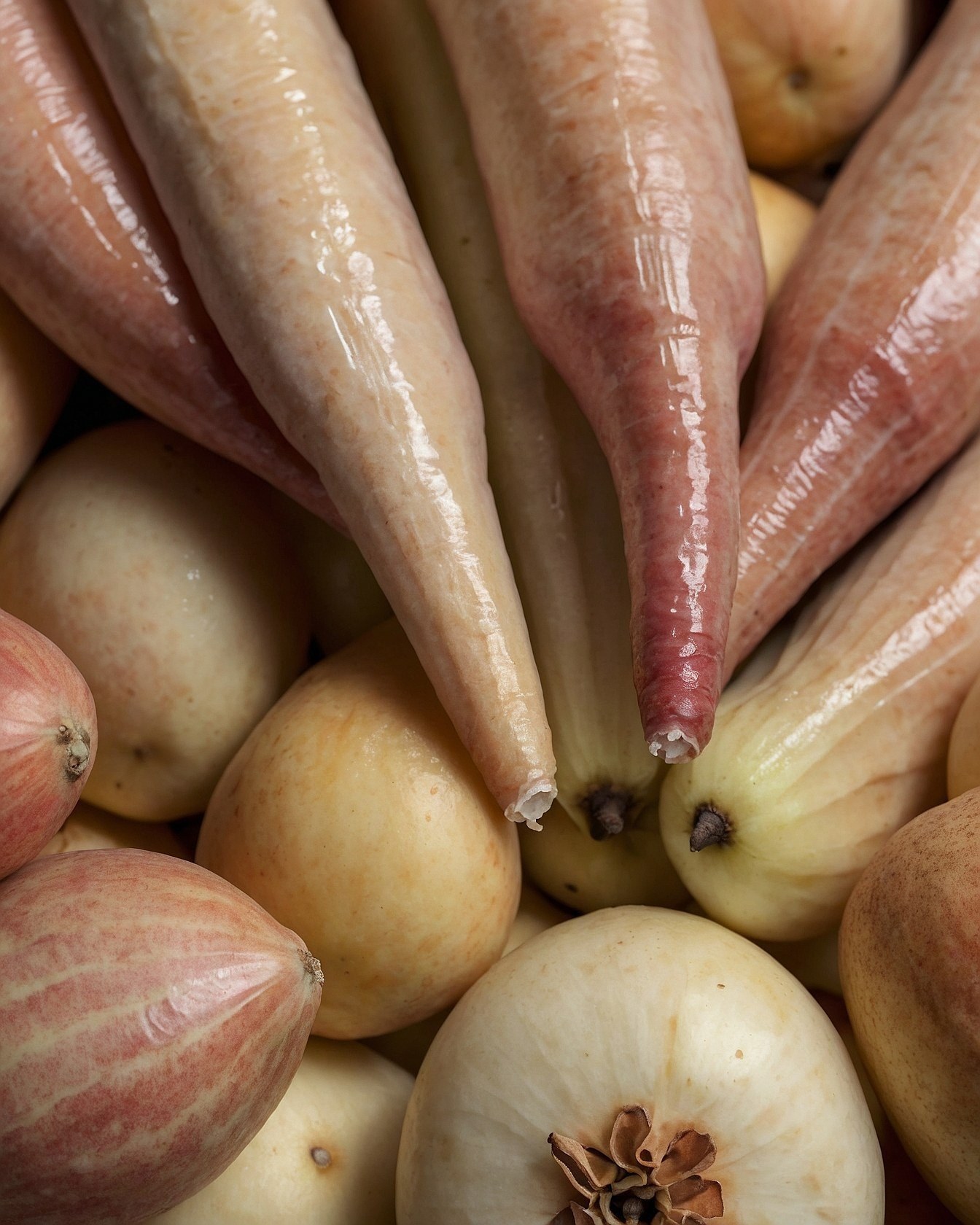 Close-up of creamy beige and blush pink root vegetables