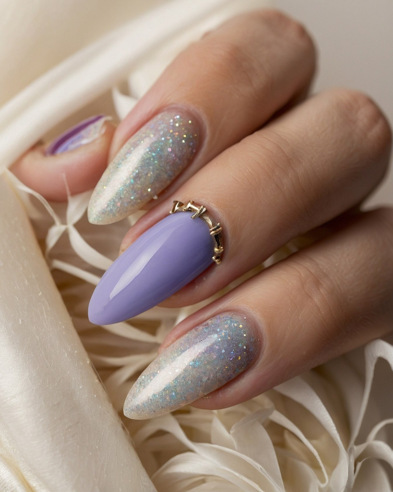 Lavender and Glitter Almond Shape Nail Art